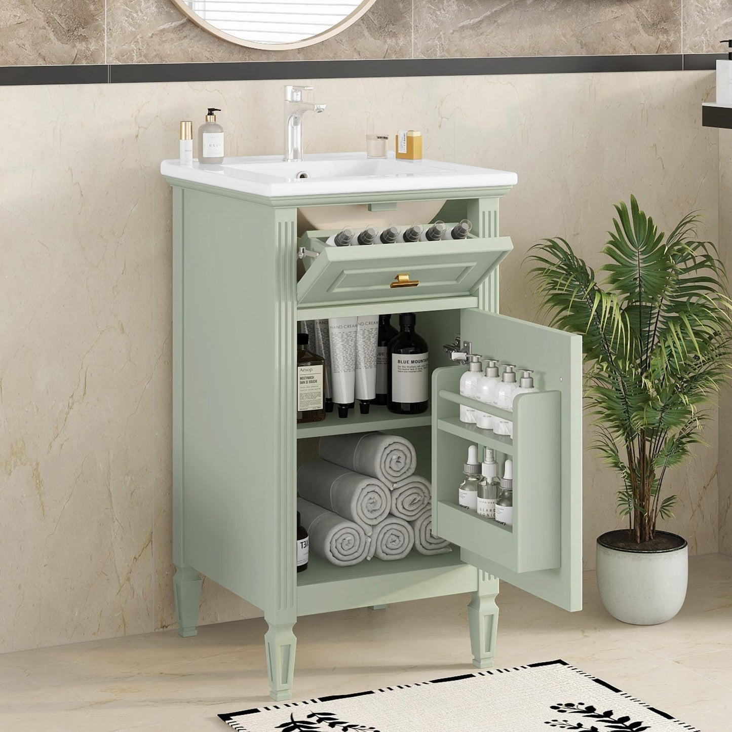 20" Bathroom Vanity with Ceramic Sink Top, Tip-Out Drawer, Door Rack, Adjustable Shelf, Solid Wood Legs, Soft-Closing Door, Green