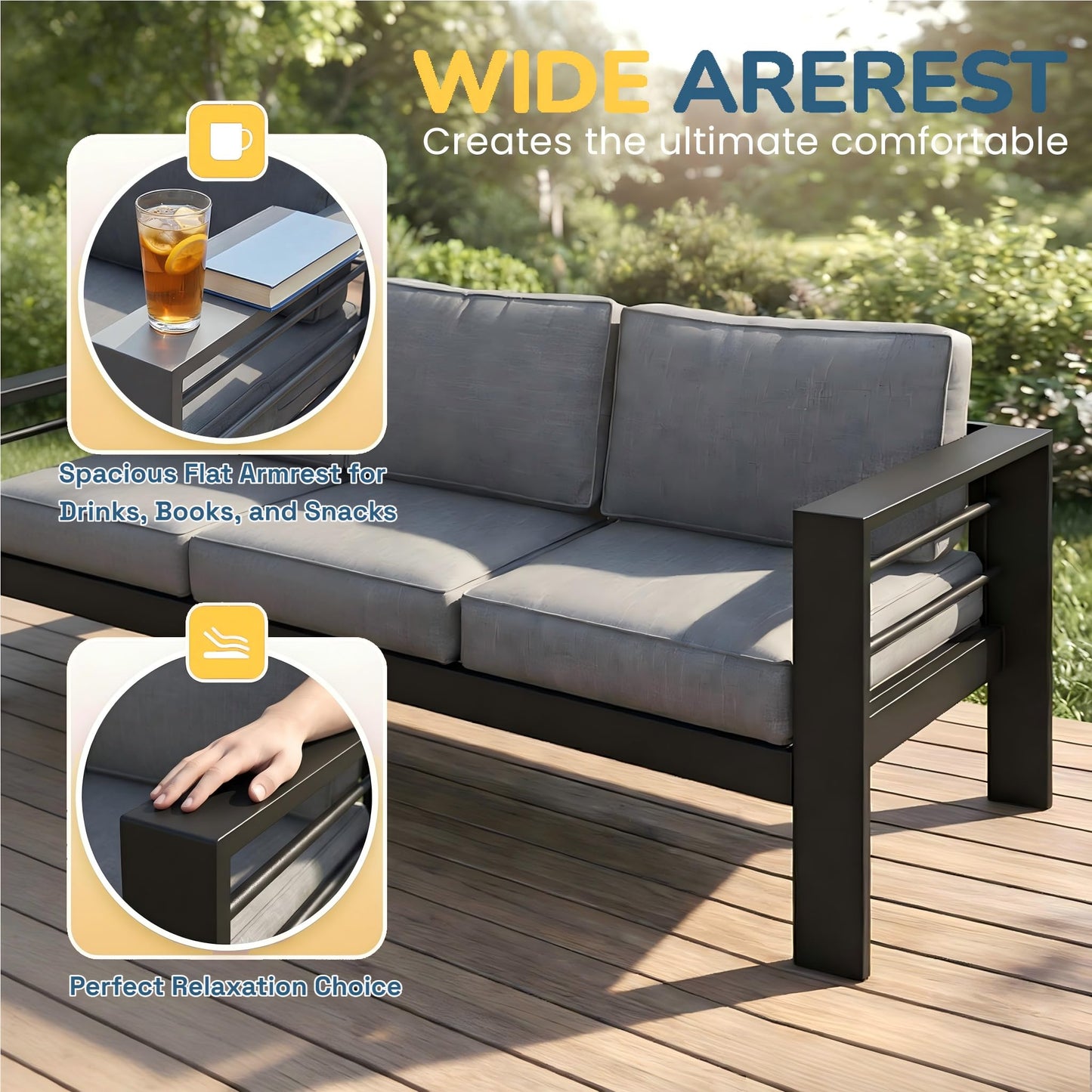 Solaste Aluminum Patio Furniture Set for All Weather, Oversized Metal Outdoor Furniture Set with 27.5" Deep Seating and 3.2" Wide Armrest, Outdoor Patio Conversation Sets with 10" Back Suport Cushion