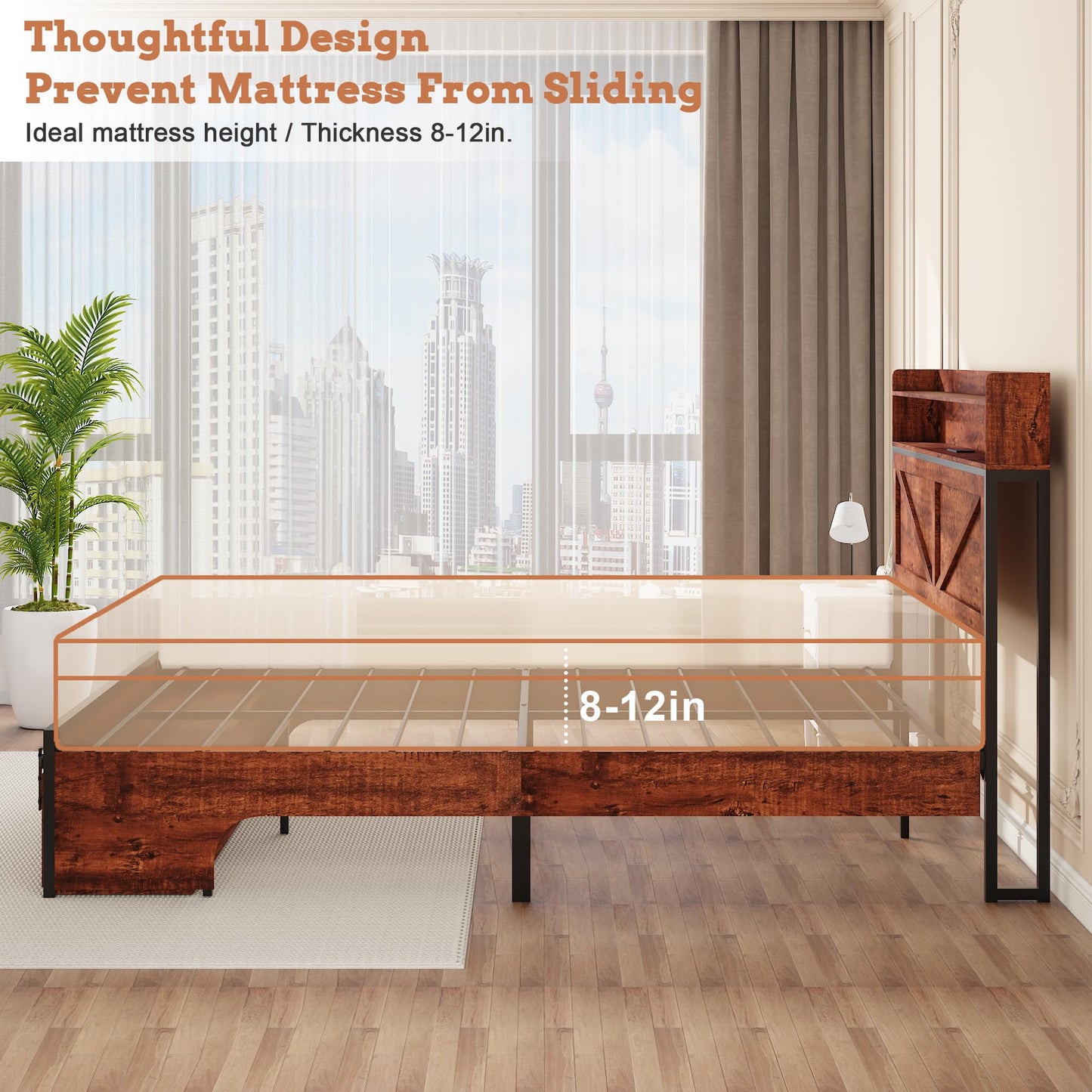 KEIKI Queen Size Bed Frame with Storage Headboard, Wood Platform Bed with Charging Station & Footboard Drawers, Sturdy Metal Slats, Noise-Free, No Box Spring Needed, Brown