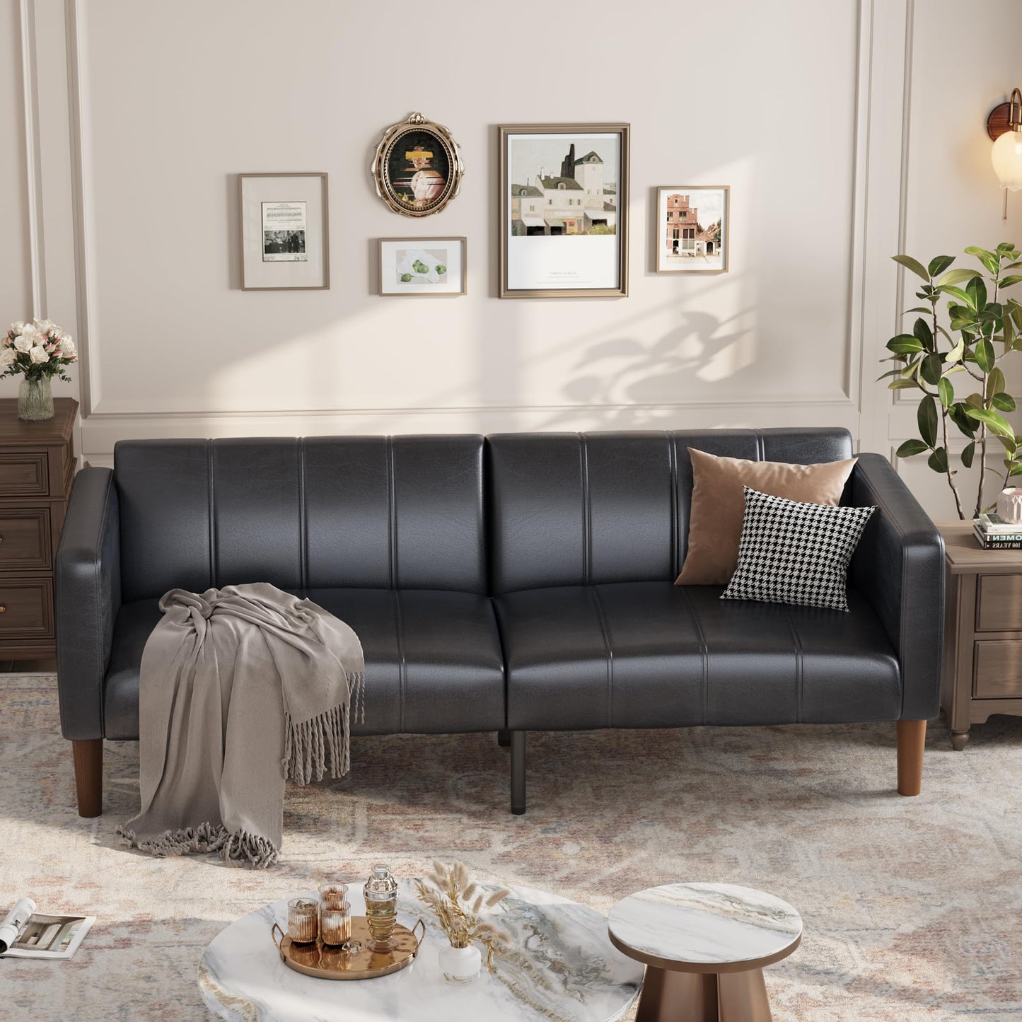 GarveeHome Futon Sofa Bed, 75-Inch Modern Faux Leather Convertible Couch, Mid-Century Loveseat for Small Space, Living Room, Bedroom, Black