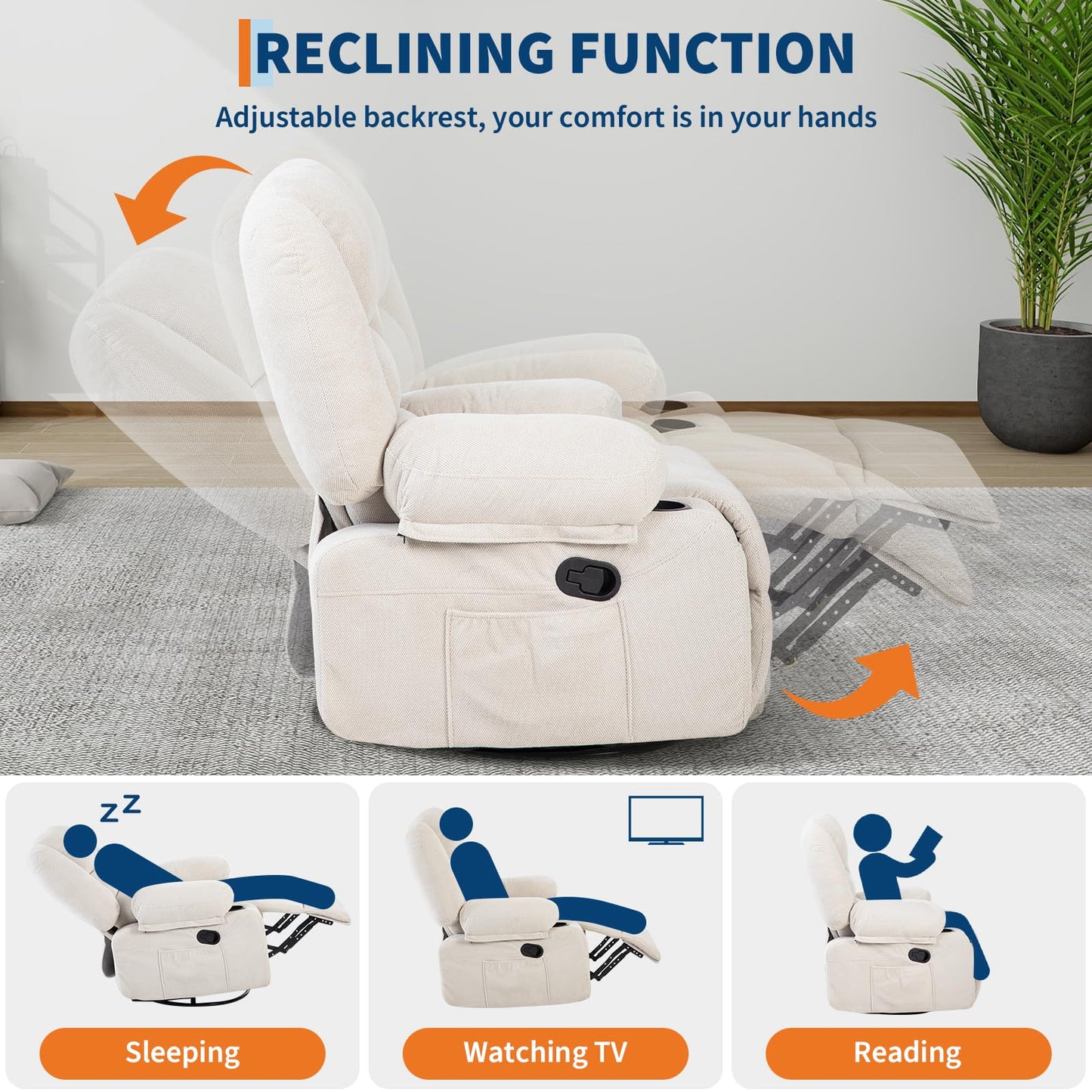 Oversized Wide Recliner Chair with Vibration Massage and Heat, 360° Swivel Recliner Glider for Adults,Chenille Fabric Manual Reclining Single Sofa with Cup Holders & Side Pockets for Living Room,White