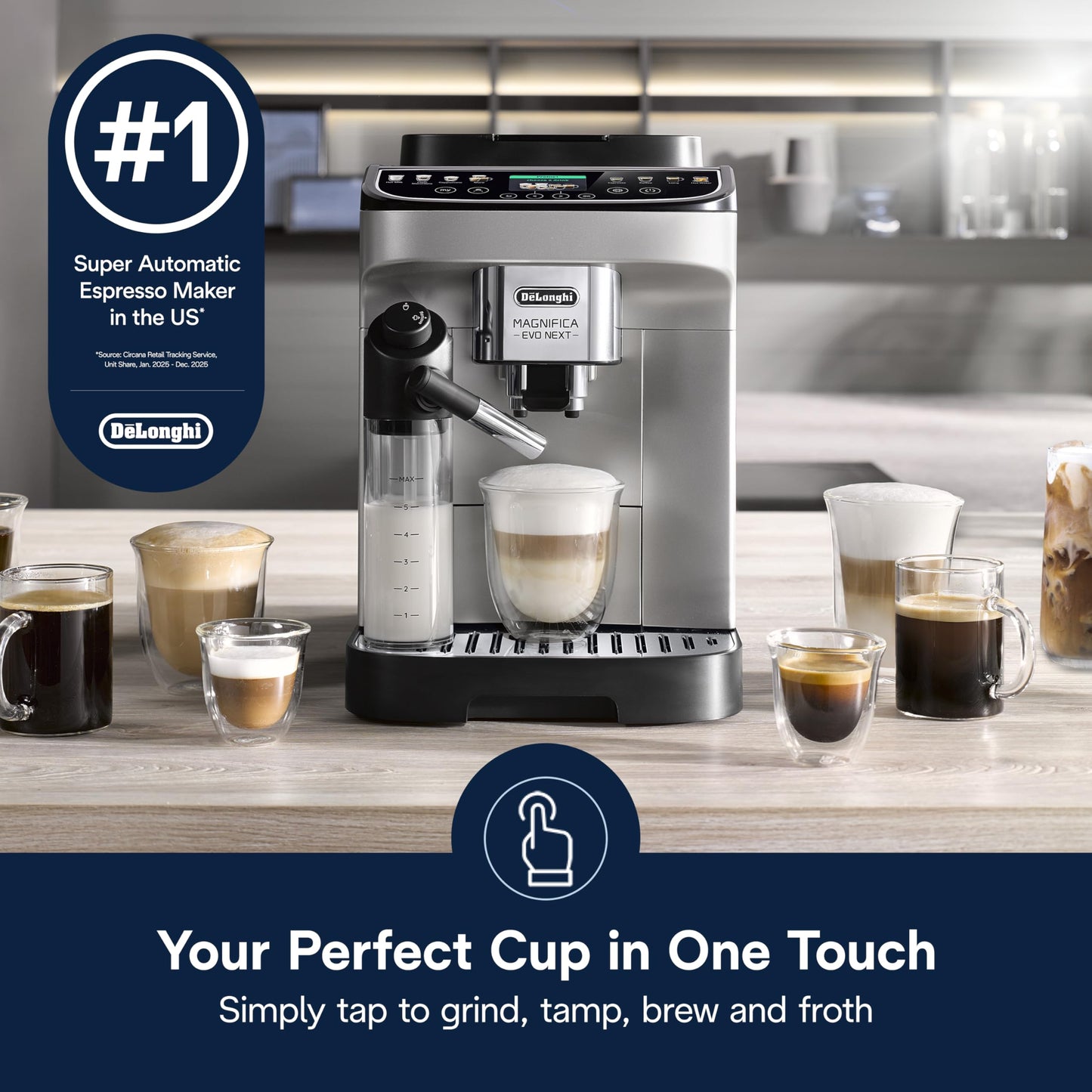 De'Longhi Magnifica Evo Next Fully Automatic Espresso Machine - Programmable Coffee Maker with Grinder and Milk Frother - Hot & Cold Brewer for Espresso, Latte, Cappuccino, Americano, Tea and More
