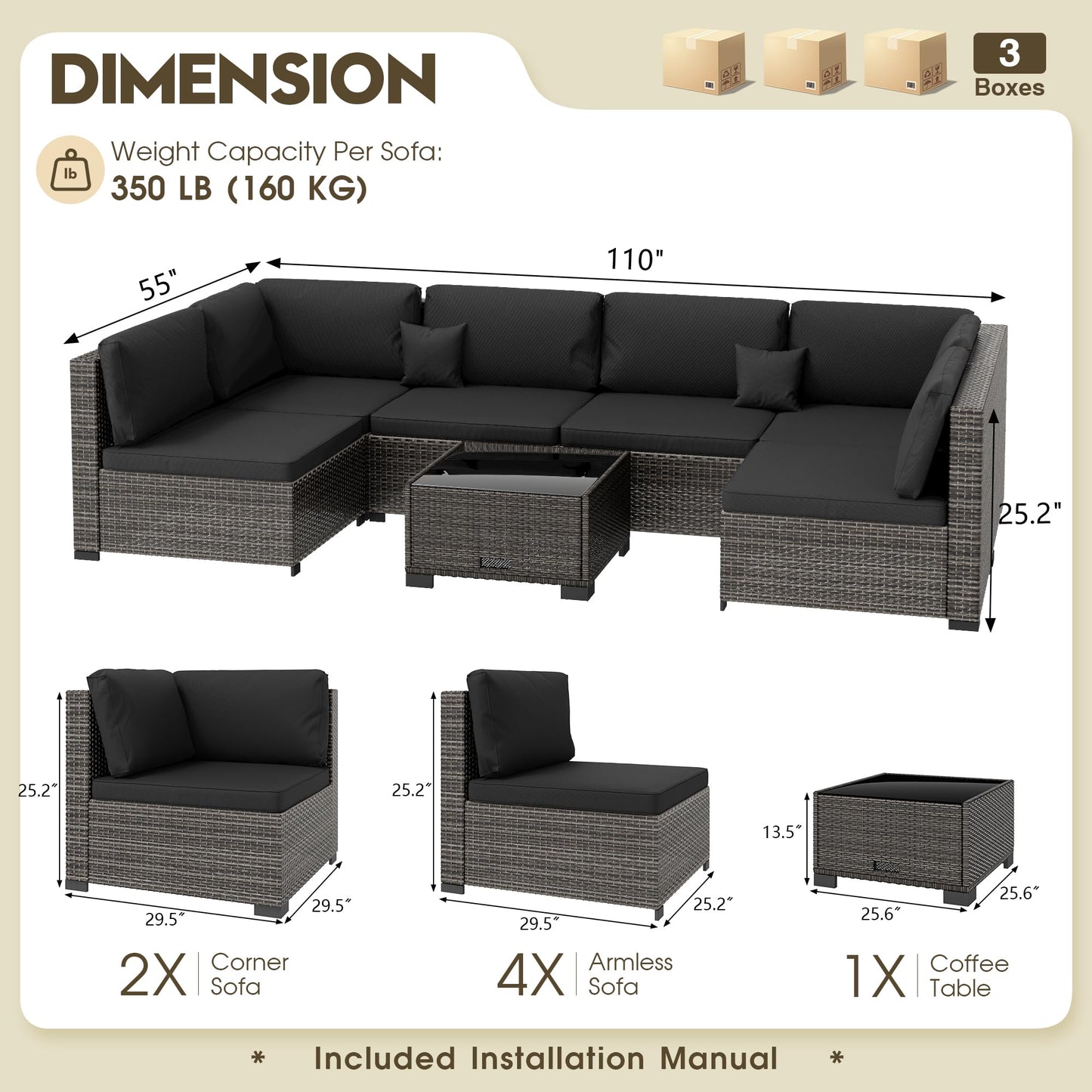 LHBcraft 7 Piece Patio Outdoor Furniture Set, Outdoor Sectional, All-Weather Hand-Woven Wicker Black Patio Sectional, Rattan Outside Furniture with Cushion and Glass Coffee Table
