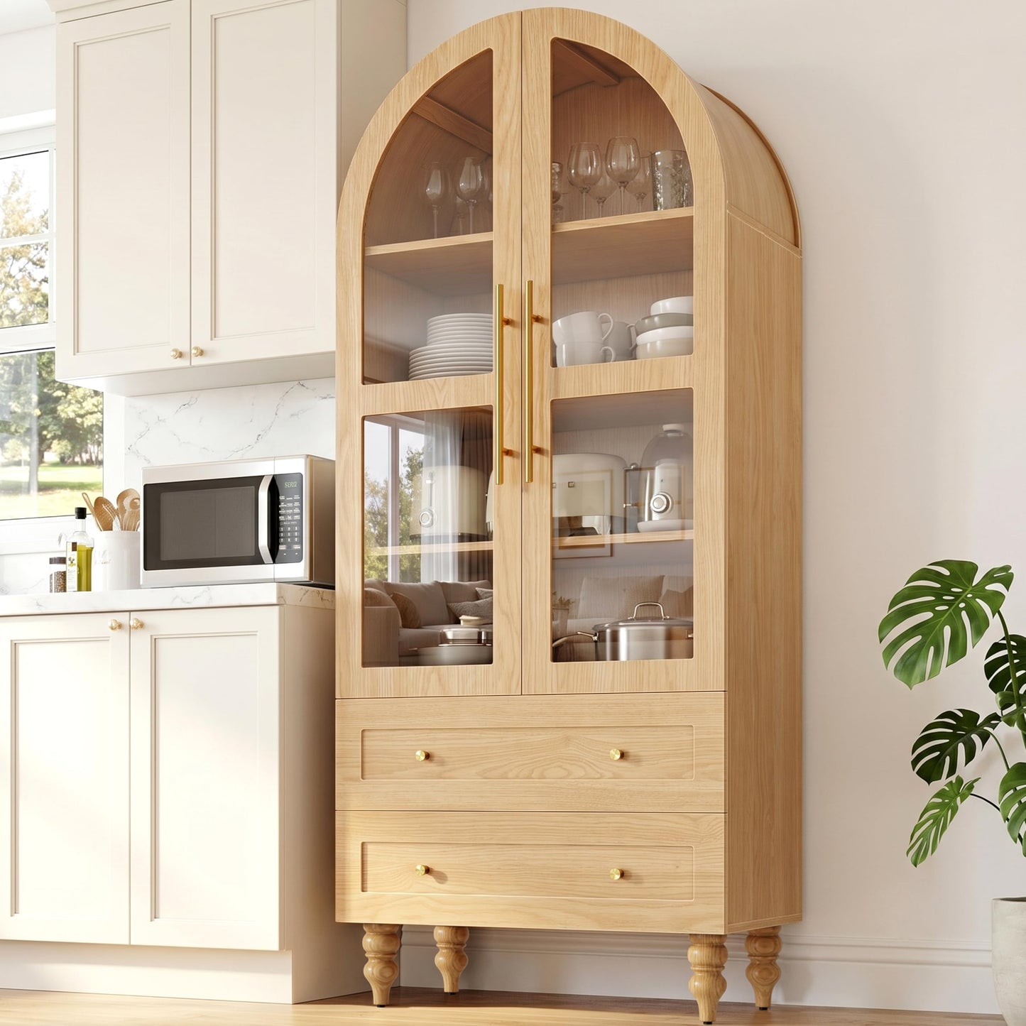Shintenchi Tall Arched Kitchen Pantry, Modern Farmhouse Wood Kitchens Storage Cabinet with Glass Doors & Adjustable Shelves and 2 Large Drawers,Versatile Cupboard for Kitchen, Dining Room, Natural