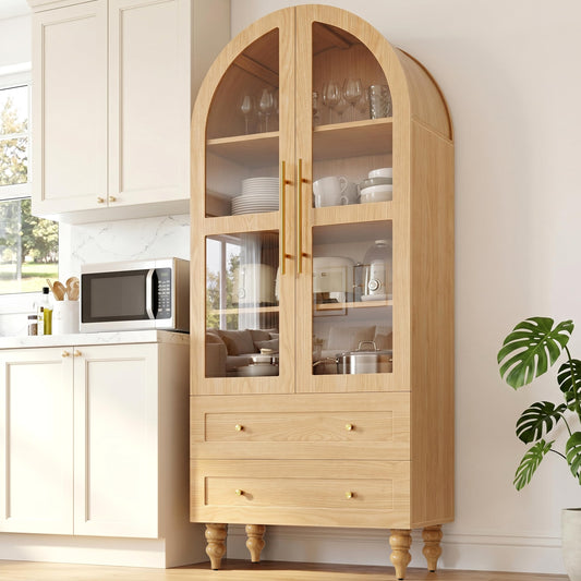 Shintenchi Tall Arched Kitchen Pantry, Modern Farmhouse Wood Kitchens Storage Cabinet with Glass Doors & Adjustable Shelves and 2 Large Drawers,Versatile Cupboard for Kitchen, Dining Room, Natural