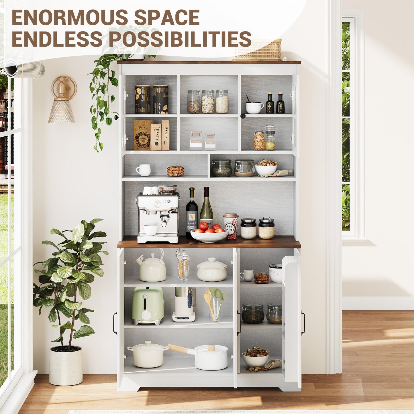 IDEALHOUSE Pantry Cabinet, 70.9 Inch Kitchen Cabinet with Glass Doors, Tall Kitchen Pantry Storage Cabinet with Hutch