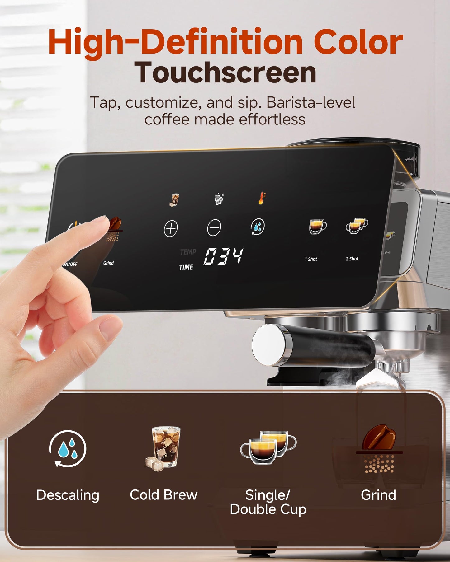 AMZCHEF Espresso Machine With Grinder, 190℉-201℉ Temp Control Coffee machine with 44 Grind Setting, Milk Frother, Touch Screen, Cold Brew, Sliver