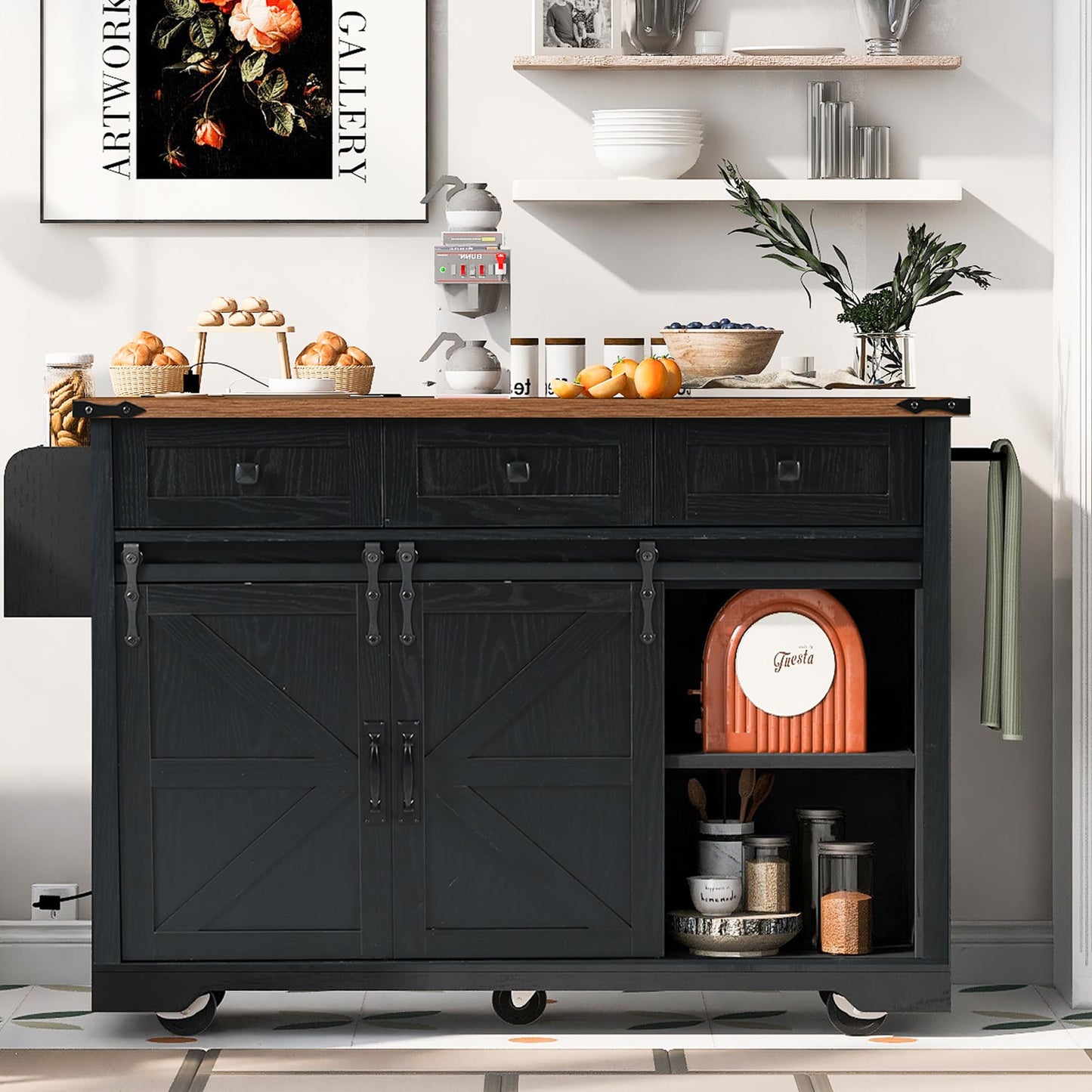 YOPTO Farmhouse Kitchen Island Cart With Power Outlet & 2 Sliding Barn Doors, Rolling Storage Island W/Drop Leaf Spice Rack and 5 Universal Wheels, for Home and Dining Room, Black, 53.7"