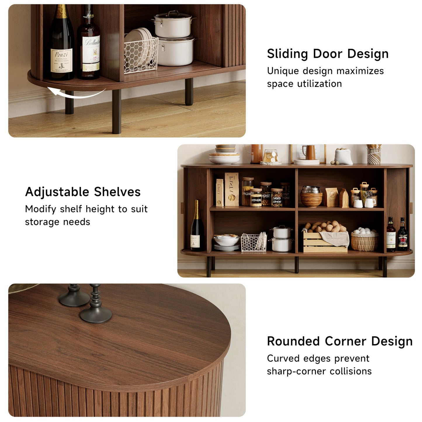 Buffet Sideboard Cabinet with Storage, 63" Fluted Cabinet with Sliding Door & Adjustable Shelf, Modern Accent Coffee Bar Console Table for Kitchen, Entryway, Walnut