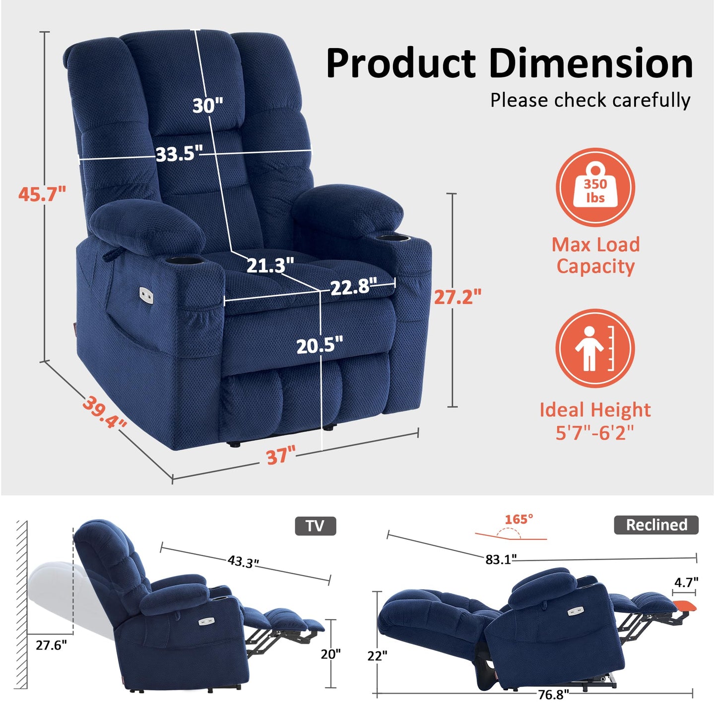 MCombo Triple Motor Lay Flat Power Lift Recliner Chair for Tall Elderly, Infinite Position, Massage, Dual Heating, Adjustable Headrest, Fabric 7634 (Navy Blue, Large)
