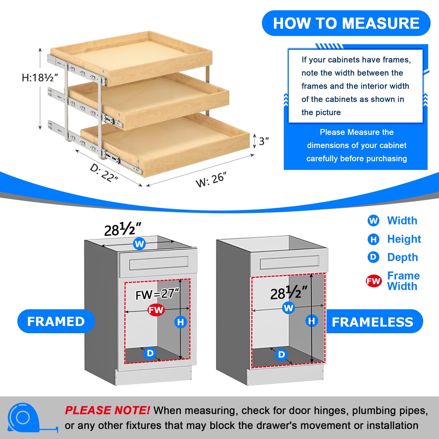 WelFurGeer 3-Tier Pull Out Cabinet Organizer with Soft Close, Heavy-Duty Pull Out Drawers for Cabinets, Slide Out Shelf for Kitchen, Pantry, Bathroom & Under Sink, Solid Birch Wood