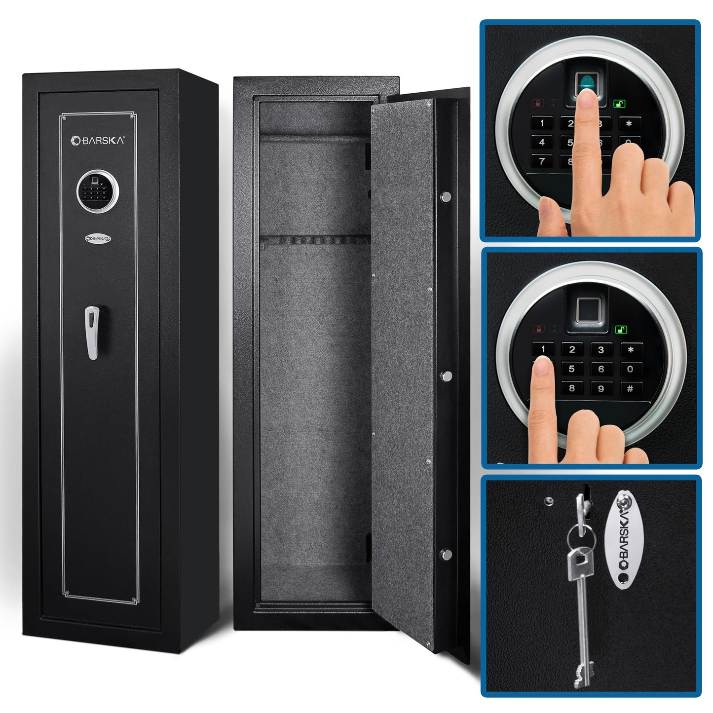 Barska 5.51 Cu Ft DOJ Certified Biometric Rifle Safe – 10 Gun Capacity, Fingerprint & PIN Access, 6-Point Deadbolt, Silent Mode, Motion Alarm, Carpeted Interior