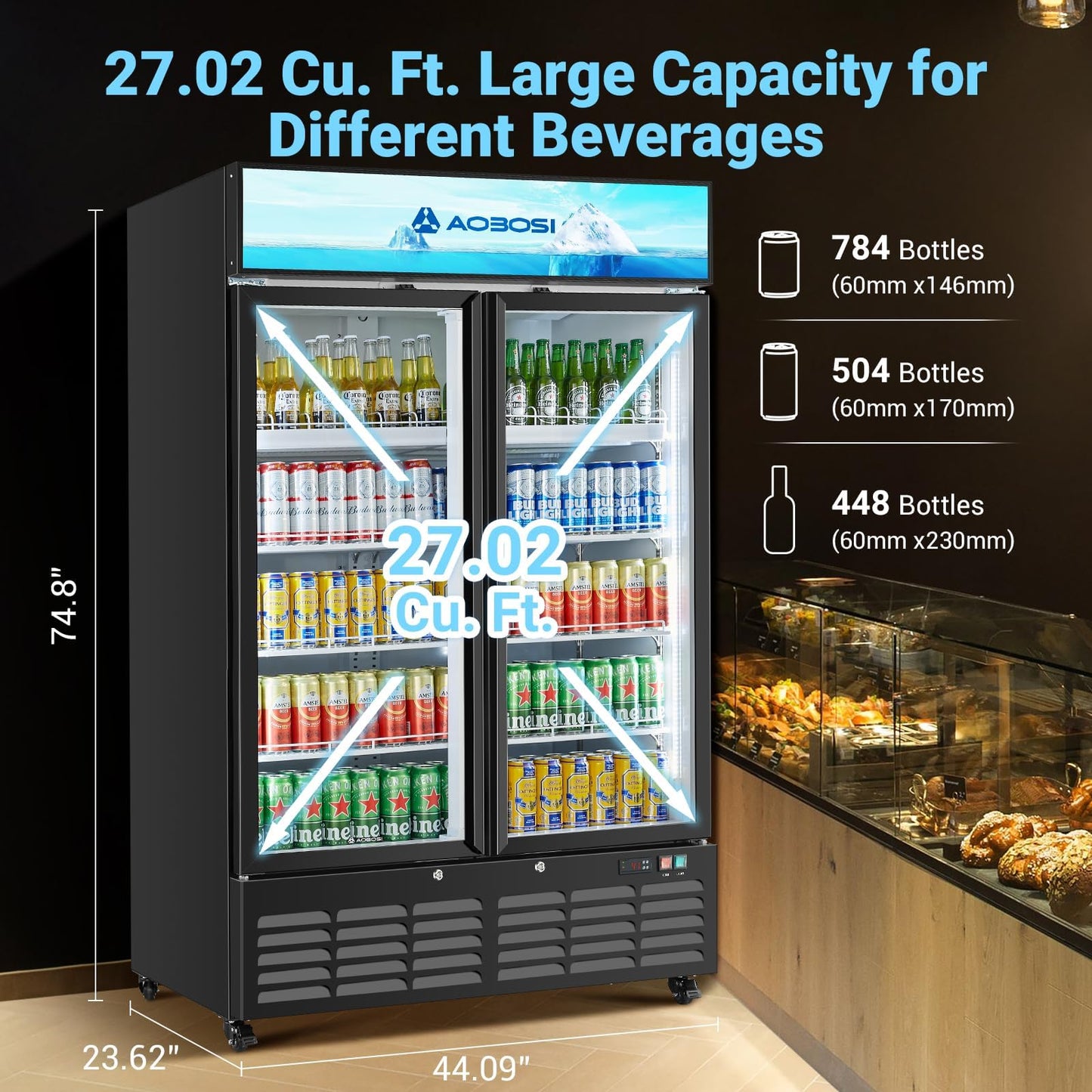 AAOBOSI 44”Commercial Merchandiser Refrigerator,27.02 Cu.Ft Glass Door Display Refrigerator,Upright Beverage Fridge with Soft LED Light,Customizable Lightbox,Universal Casters,Adjustable Shelves