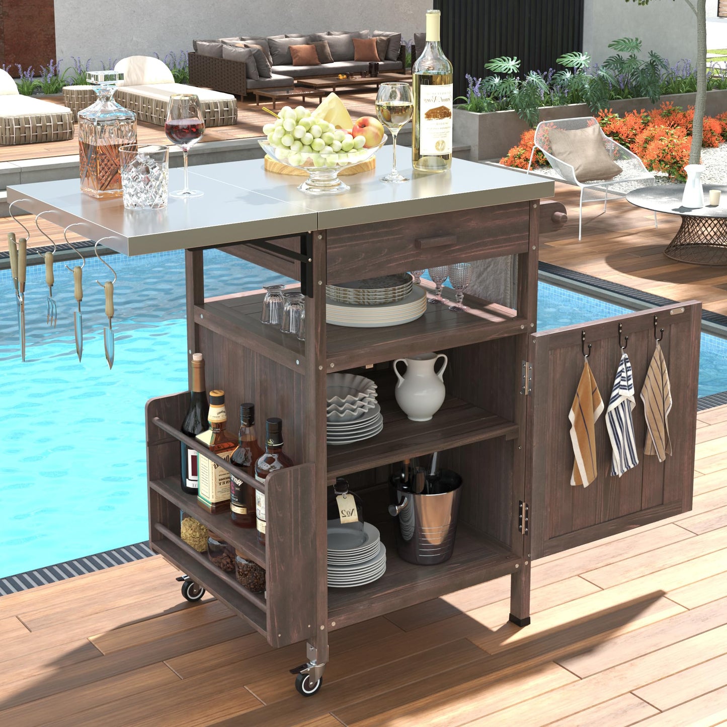 Merax Grill Cart with Storage, Patio Kitchen Island Outdoor Grill Table with Lockable Wheels Drop Leaf, BBQ Cart Movable Pizza Oven Table Stand, Brown