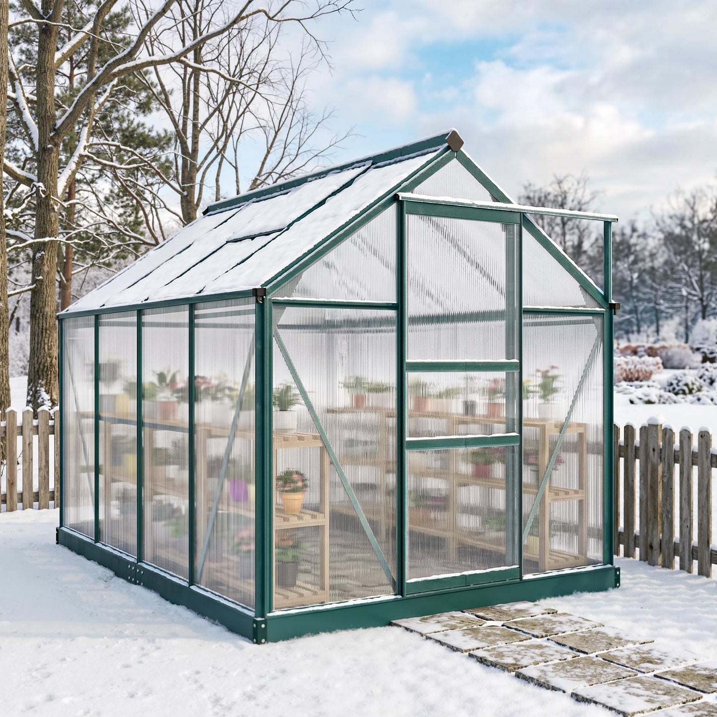 Outsunny 6' x 8' Greenhouse for Outdoors, Polycarbonate Greenhouse with Rain Gutter and Roof Vent, Aluminum Walk-in Green Houses with Push Door for Outside for Patio Backyard Garden, Dark Green