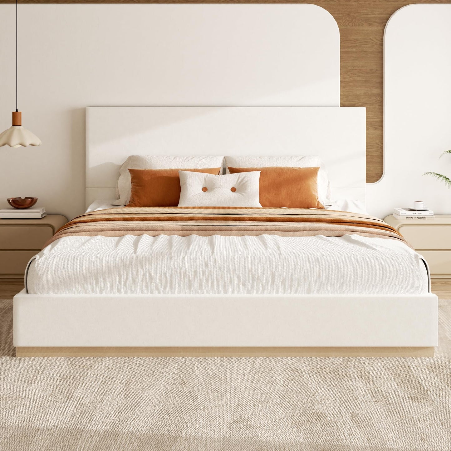 wirpexhowak Queen Size Platform Bed Frame with Headboard, Velvet Grounded Bed with Wood Slats, Heavy Duty Mattress Foundation, Box Spring Option, Noise-Free, Easy Assembly, Beige