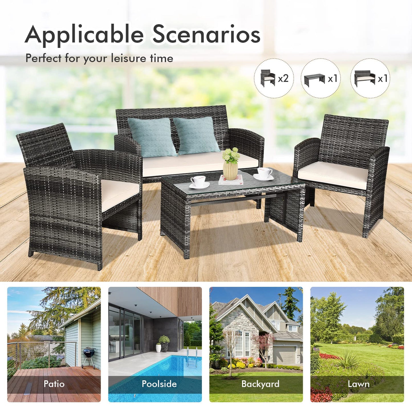 Goplus 4-Piece Rattan Patio Furniture Set, Outdoor Wicker Conversation Sofa with Weather Resistant Cushions and Tempered Glass Tabletop for Lawn Backyard Pool Garden (Beige)