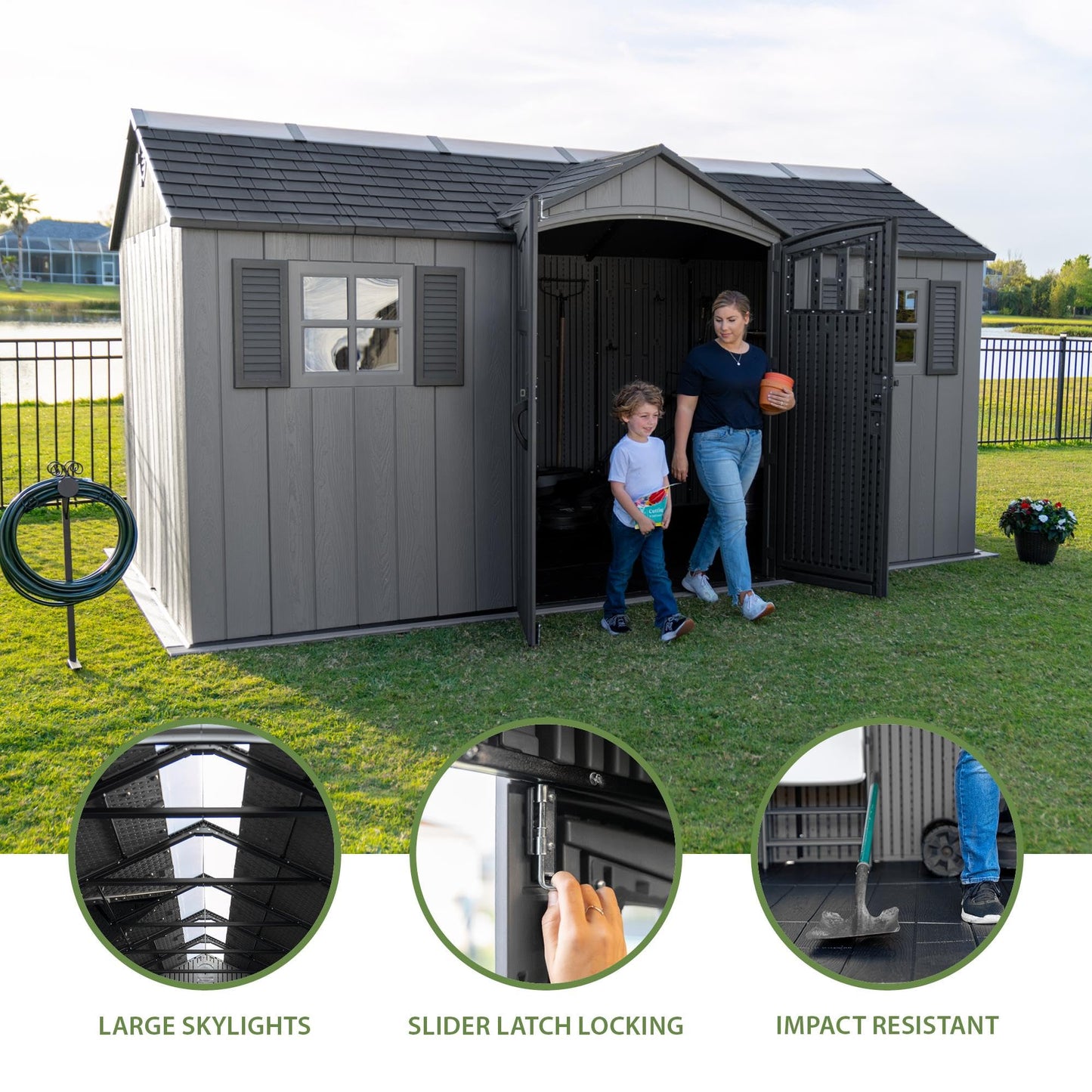 Lifetime Dual Entry Outdoor Storage Shed, 15 x 8 Ft, Steel‑Reinforced, UV‑Protected, Weather‑Resistant Backyard Garden Shed with Skylights, Windows & Shelving, Storm Dust