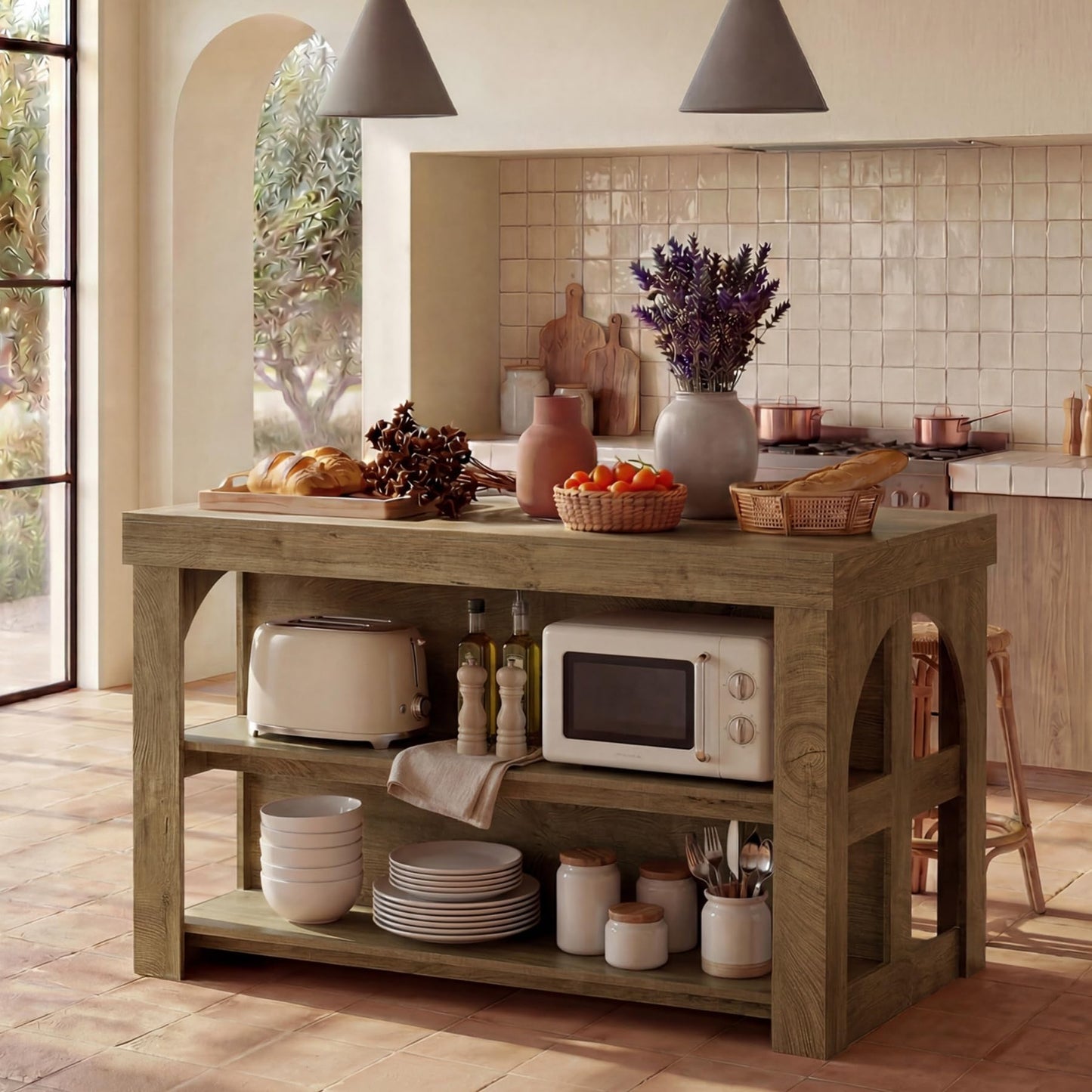 LITTLE TREE Kitchen Island with Storage, 55-Inch Large Stationary Center Island with Seating Space & 3 Shelves, Farmhouse Wooden Bar Table for Kitchen, Rustic Brown