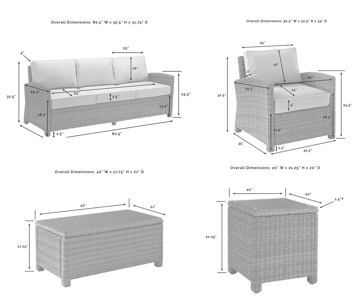 Crosley Furniture Bradenton 5-Piece Outdoor Sofa Patio Furniture Set, Wicker Conversation Sets for Porch, Brown with Gray Cushions
