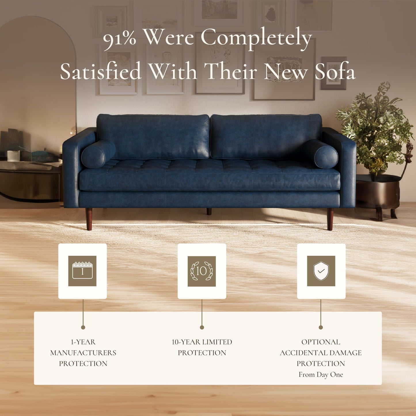 Poly & BARK Napa 88.5" Leather Sofa – Full-Grain Italian-Tanned Aniline Leather, Feather-Down Comfort, Solid Wood Frame, Walnut Legs, Midnight Blue