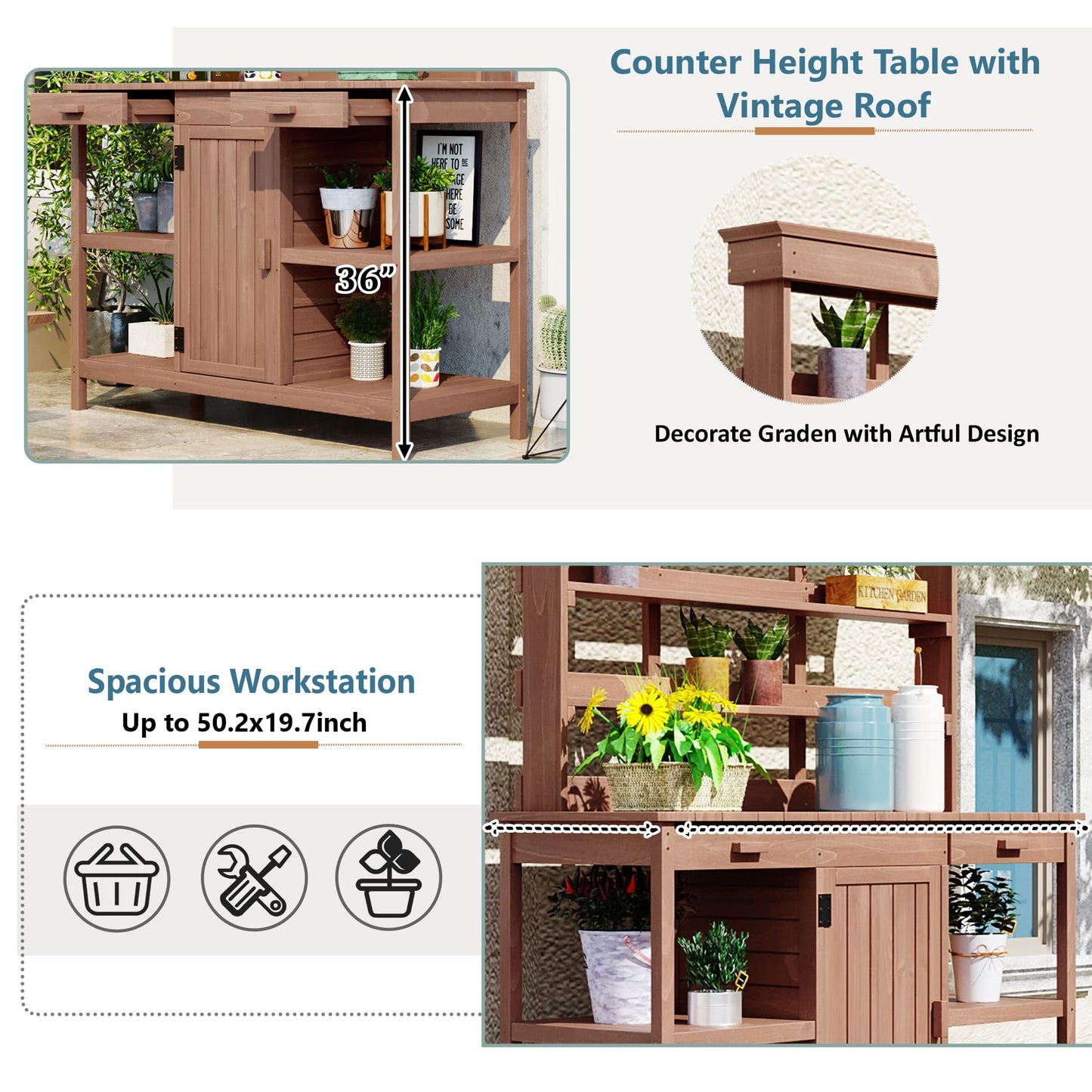 Outdoor Wooden Potting Bench Table – Farmhouse Garden Workstation with Drawers, Cabinet & Storage Shelves, Large Fir Wood Work Table for Patio, Backyard, Mudroom, Greenhouse (Dark Brown, 66'' H)