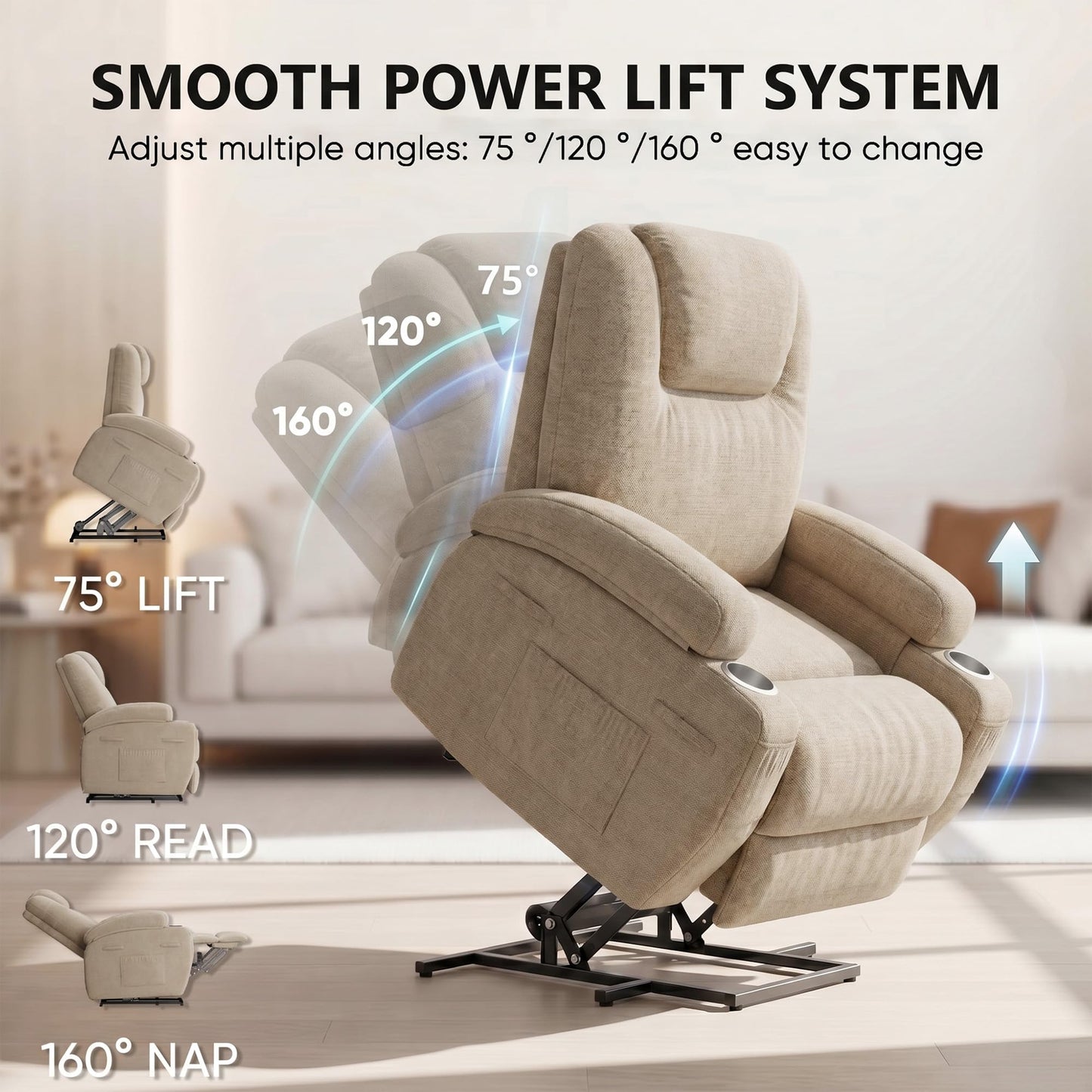 Flamaker Power Lift Chair Massage Recliner Chairs for Elderly - Ergonomic Design with Cup Holders & Side Pockets, Remote Control (Beige)
