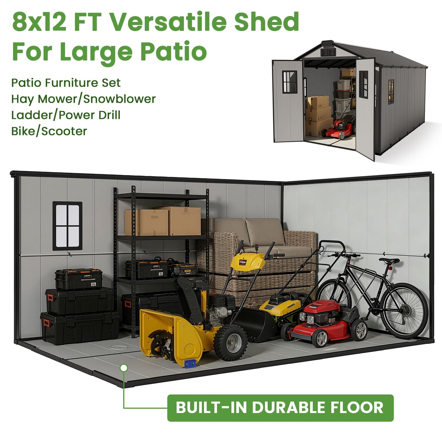 8X12 Large Outdoor Storage Shed with Floor,Waterproof Plastic Resin Garden Tool Shed,Walk in Backyard Utility Shed with Window Lockable Door for Outside Patio Lawn