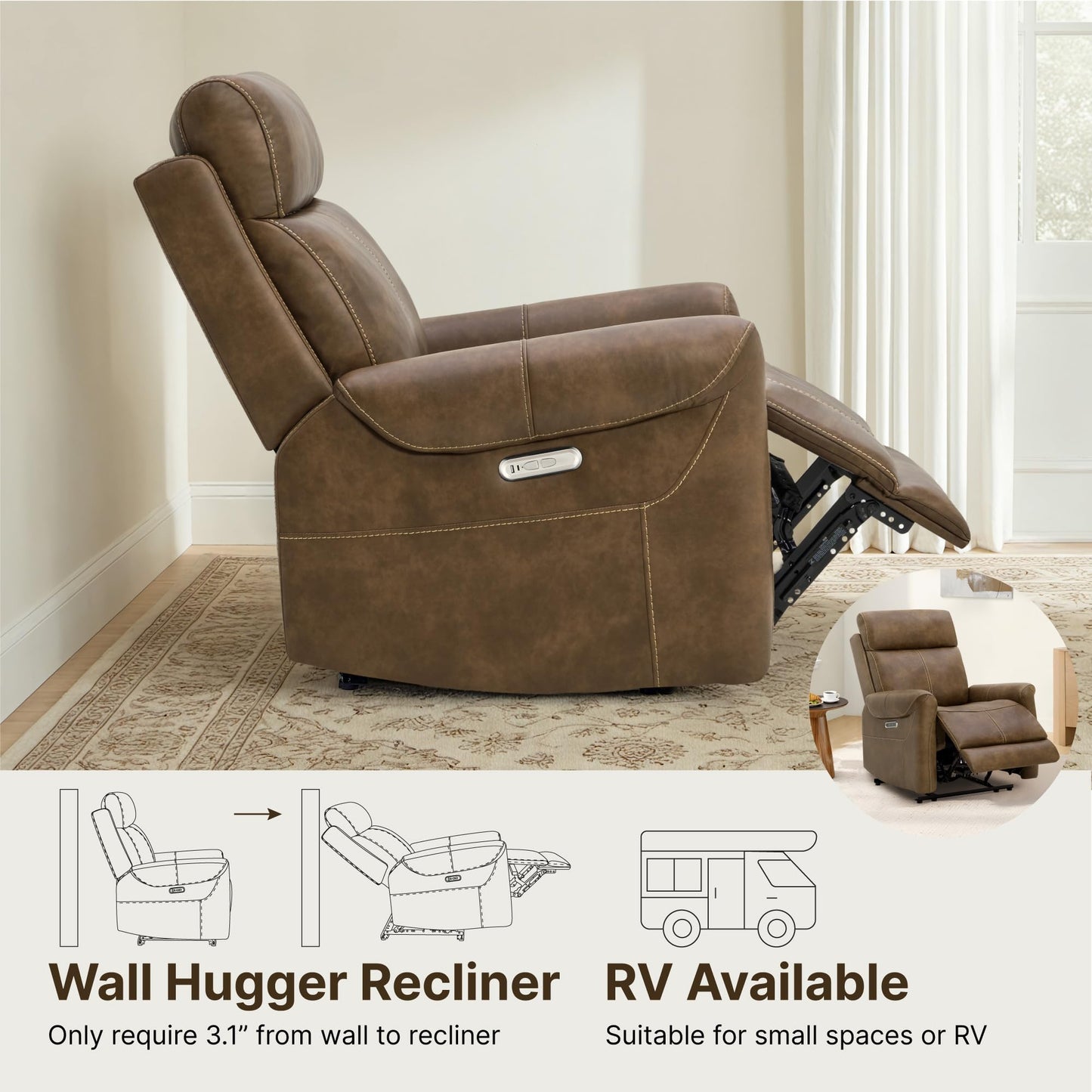 KISLOT Leather Recliner Chair Set of 2, Wall Hugger RV Recliners with USB Charging Ports Electric Power Reclining Sofa for Living Room Home Theater Seating Bedroom