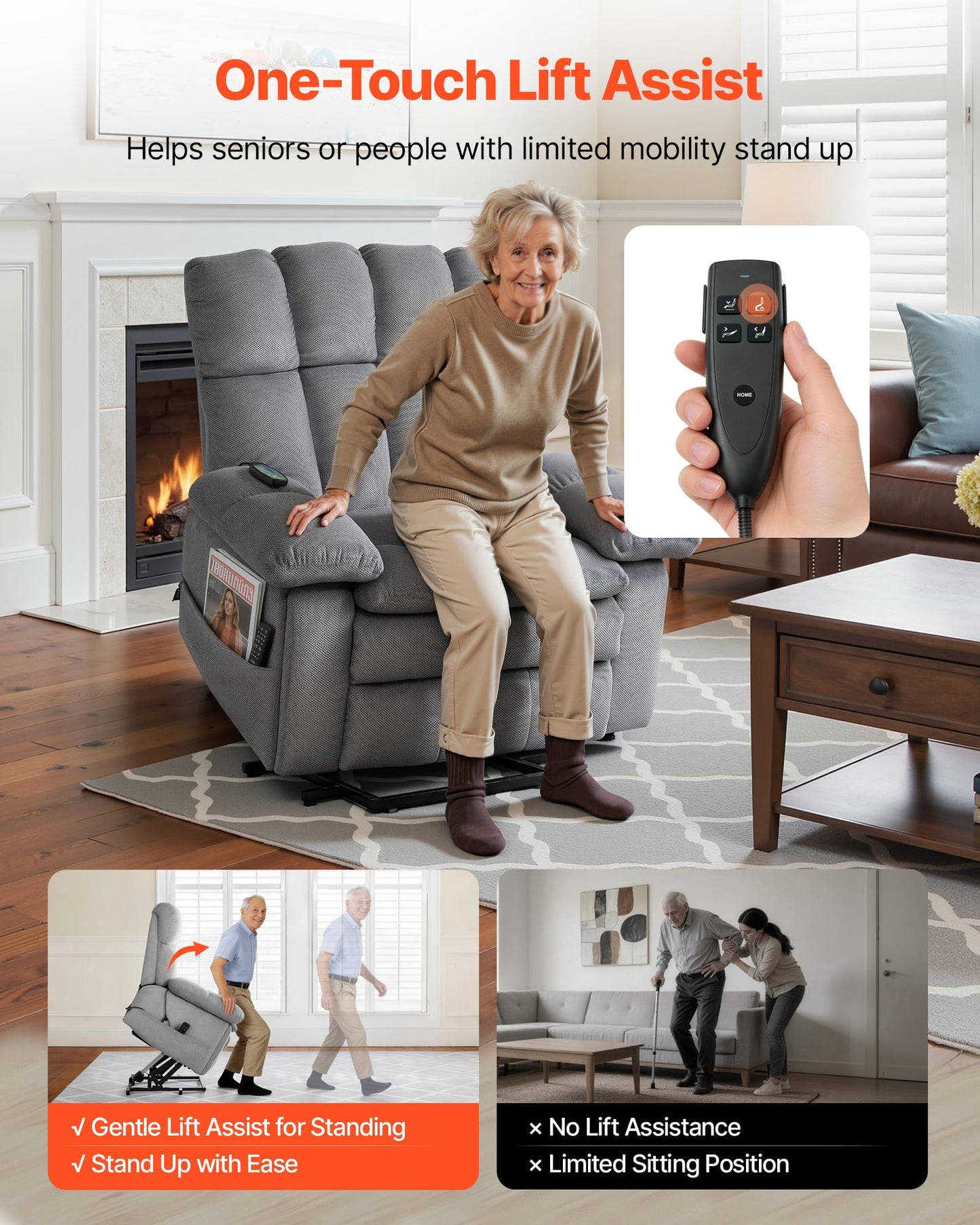 VEVOR Oversized Power Lift Recliner Chairs, Dual Motor Lift Chair with Heat and Massage for Elderly, Position Adjustable, with Side Pockets, Cup Holders and USB Port, Chenille Fabric, Light Gray