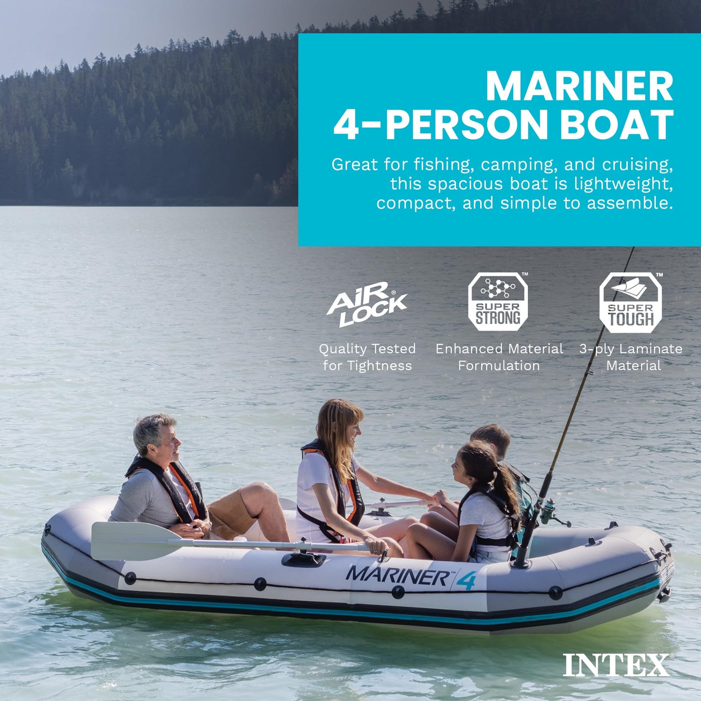 INTEX 68376EP Mariner 4 Inflatable Boat Set: Includes Deluxe 54in Boat Oars and High-Output Pump – Wear-Resistant Keel – Removable Fishing Rod Holders – 4-Person – 1100lb Weight Capacity