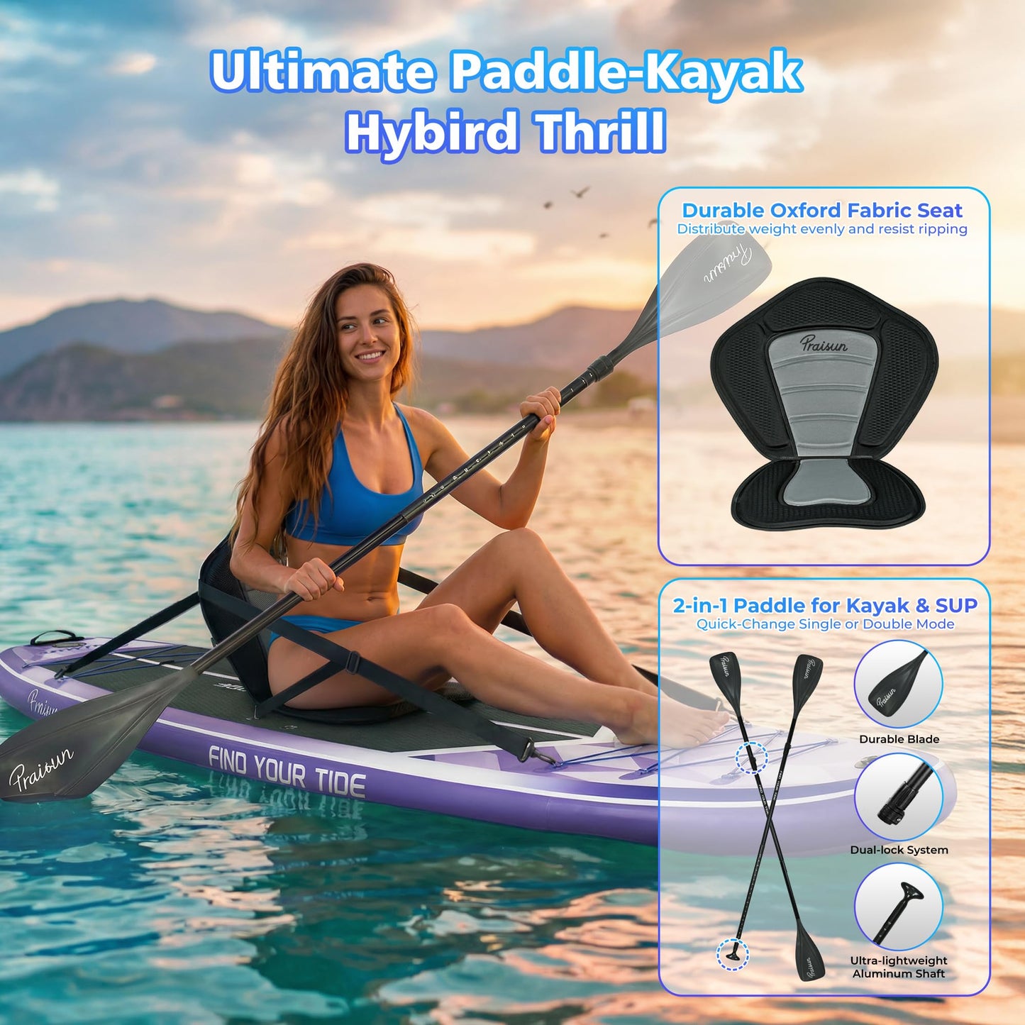 PRAISUN 12’ x 35” Inflatable Paddle Board, 450lbs Extra Wide Stand Up Paddleboard for Youth/Adults of All Skill Levels, Stable SUP with Seat & Full Kit, for Fishing, Yoga, Lake & Ocean, Purple