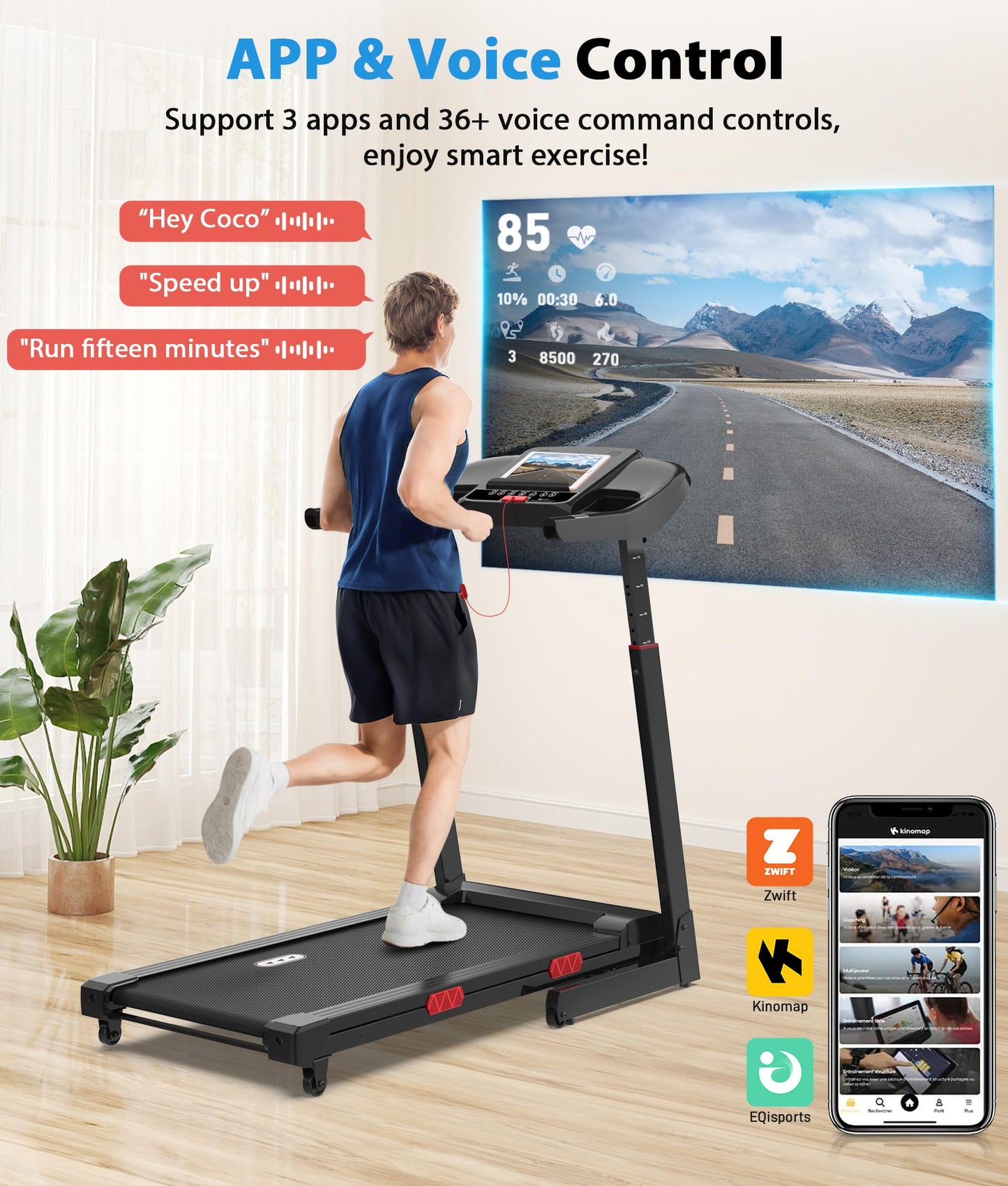 CIIHI Treadmill with Auto Incline - Adjustable Height Handrail 15% Auto Incline Treadmill with 400 lbs Capacity - Foldable Running Machine for Home with APP, Voice Control and Speaker - 8.7 MPH