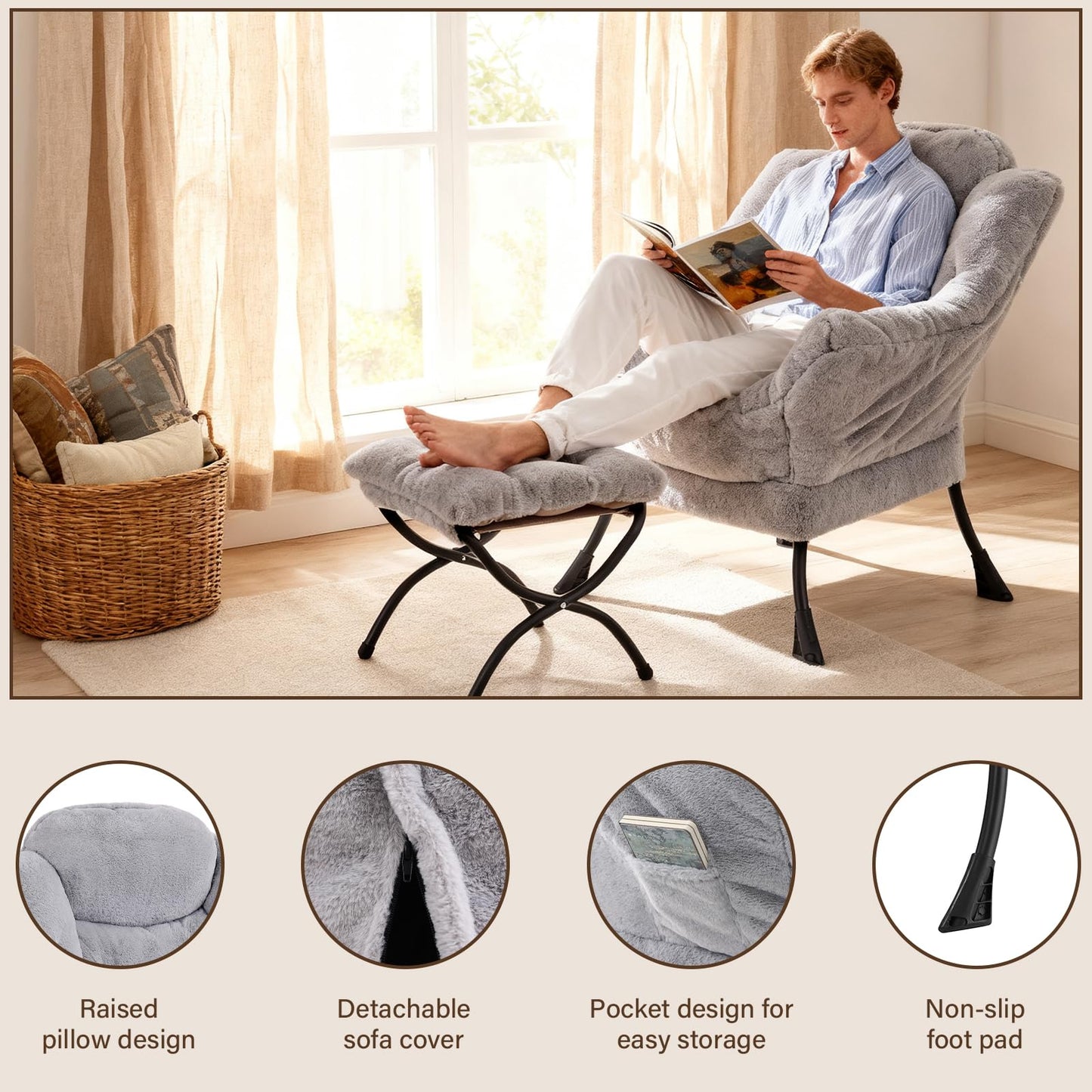 Welnow Lazy Chair with Ottoman, Modern Accent Chair with Armrests and a Side Pocket, Leisure Sofa Armchair, Reading Armchair with Footrest for Small Space, Plush Grey