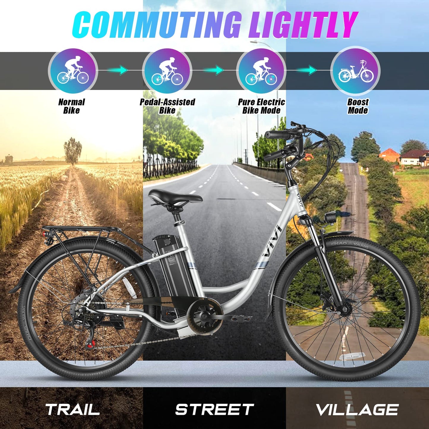 Vivi Electric Bike, 26'' e Bike for Adults, 750W Peak Ebike with 48V Removable Battery, Electric Commuter Cruiser Bike 19.8MPH & 50 Miles City Electric Bicycle with Cruise Control LCD Display
