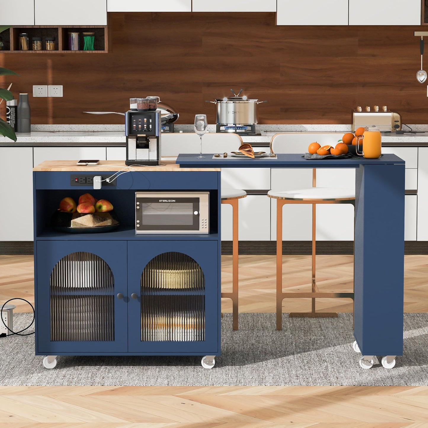 KTATK Rolling Kitchen Island with Extended LED Lights and Table,Storage Cart on Wheels W/Power Outlets & 2 Fluted Glass Doors,A Compartment,Side 3 Open Shelves,for Home Dining Room,Navy