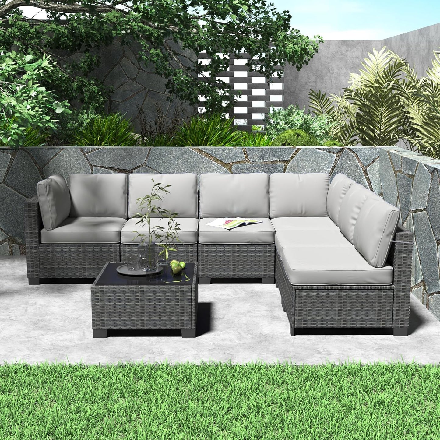6 Piece Sectional Rattan Sofa with Glass Top Coffee Table, Patio Rattan Conversationr Sofa Set, All Weather Outdoor Patio Furniture Set and Chairs, Poolside, Garden, Porch