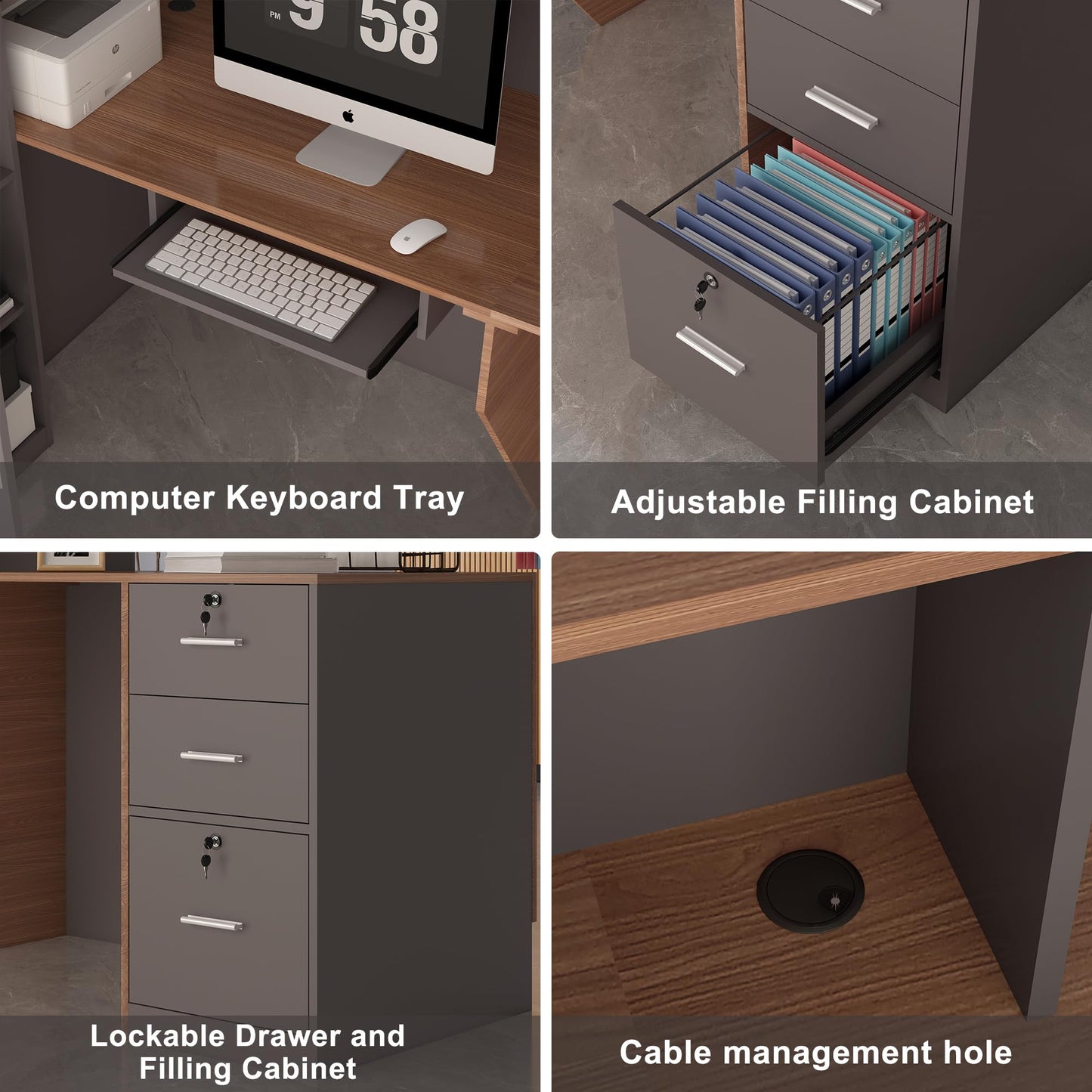 Zethvax L-Shaped Reception Desk,Large Front Desk with Keyboard Tray, Lockable Drawers & File Cabinet, Receptionist Desk for Checkout,Lobby (Left L-Walnut/Slate Gray, 71''L x 23.6''W x 41.3''H)