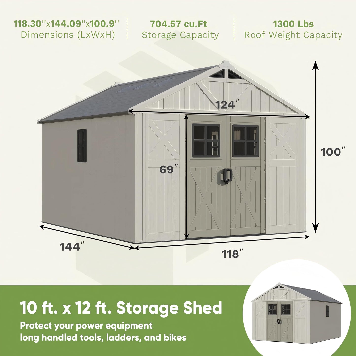 Patiowell 10x12 FT Outdoor Storage Shed with Floor and Lockable Door, All Weather Plastic Shed Garden Shed with Skylight and Multiple Windows for Backyard, Patio, Lawn, Beige
