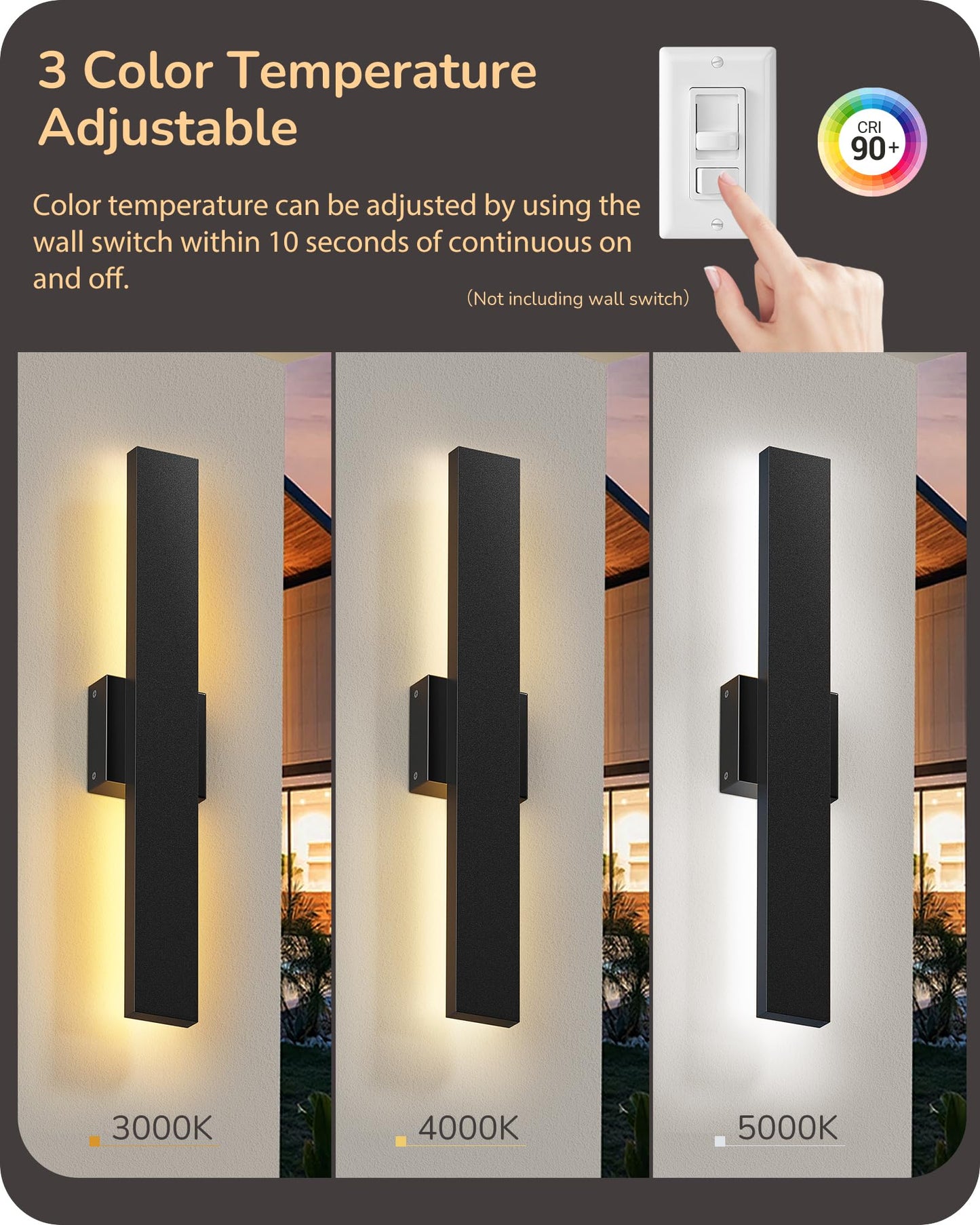EDISHINE LED Outdoor Wall Lights 2 Pack Dimmable 3000K 4000K 5000K 15.7in Black Modern Sconce IP65 Waterproof