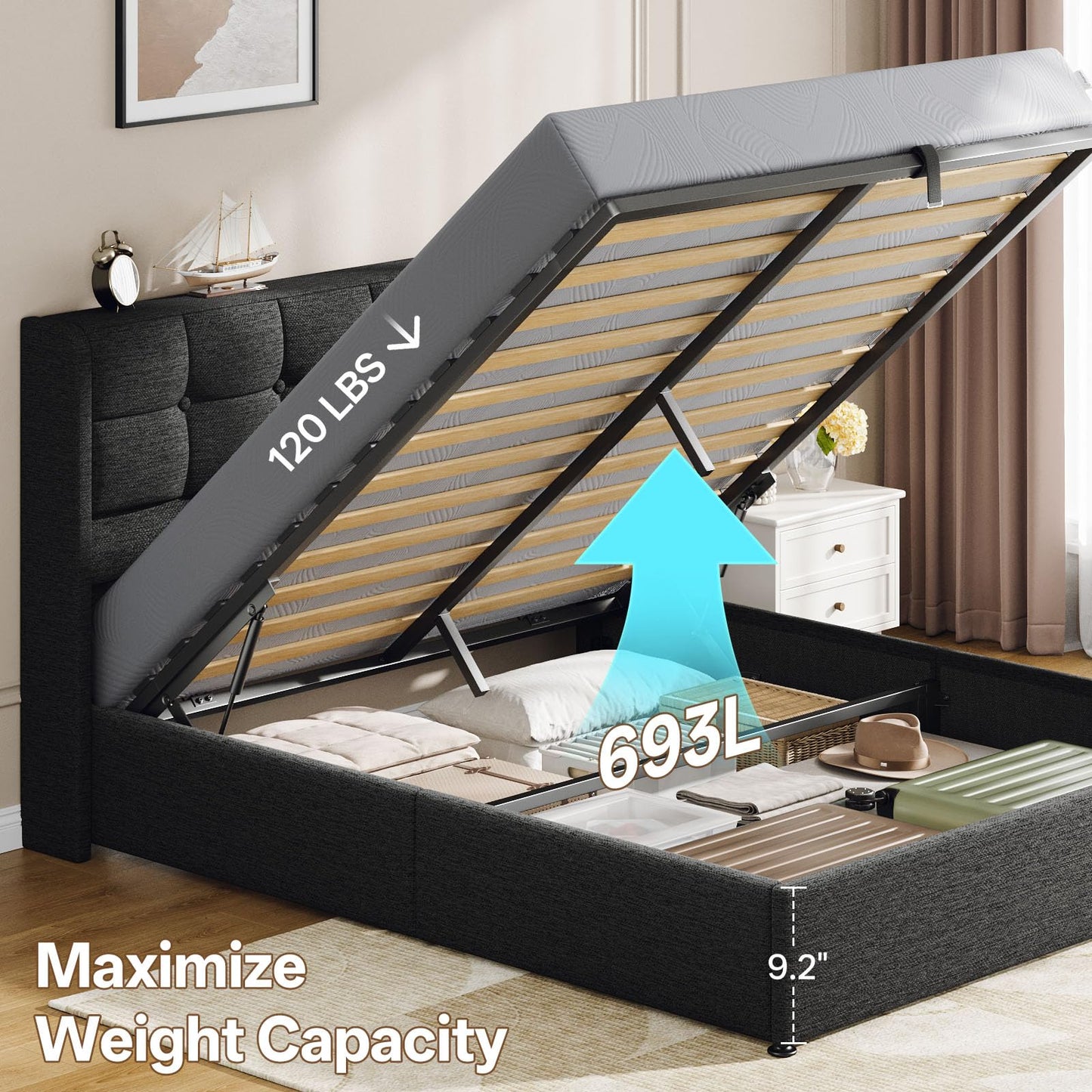 Vinabilia Lift Up Queen Size Bed Frame with Storage, Upholstered Queen Bed Frame with Wingback Headboard, No Box Spring Needed, Easy Assembly - Dark Grey
