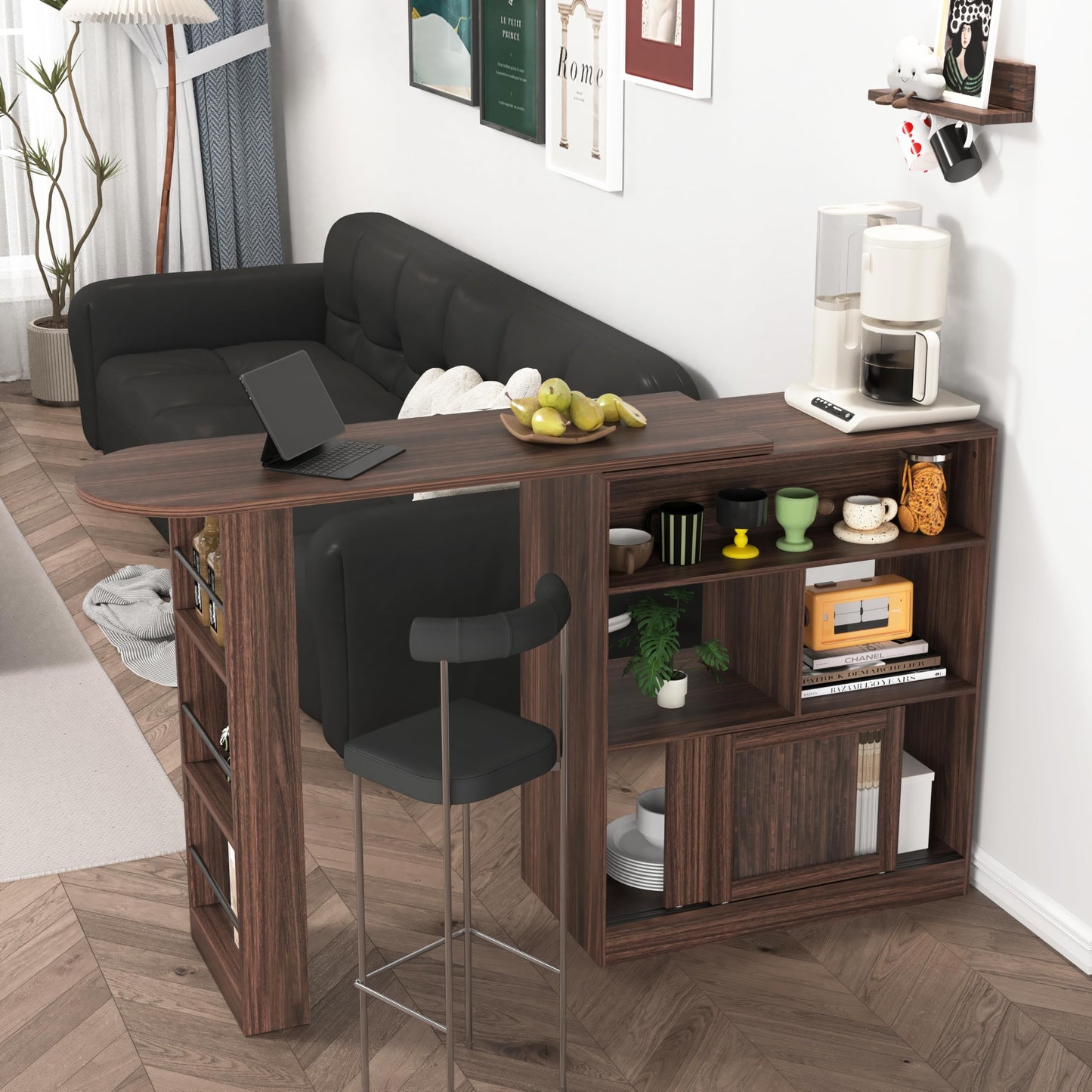 GDFStudio Modern Bar Cabinet with Rotating Top, Counter-Height Kitchen Dining Cabinet with 2 Ribbed Glass Doors & 6 Storage Shelves, Home Bar with Shelves, Living Room Storage Furniture, Walnut Brown
