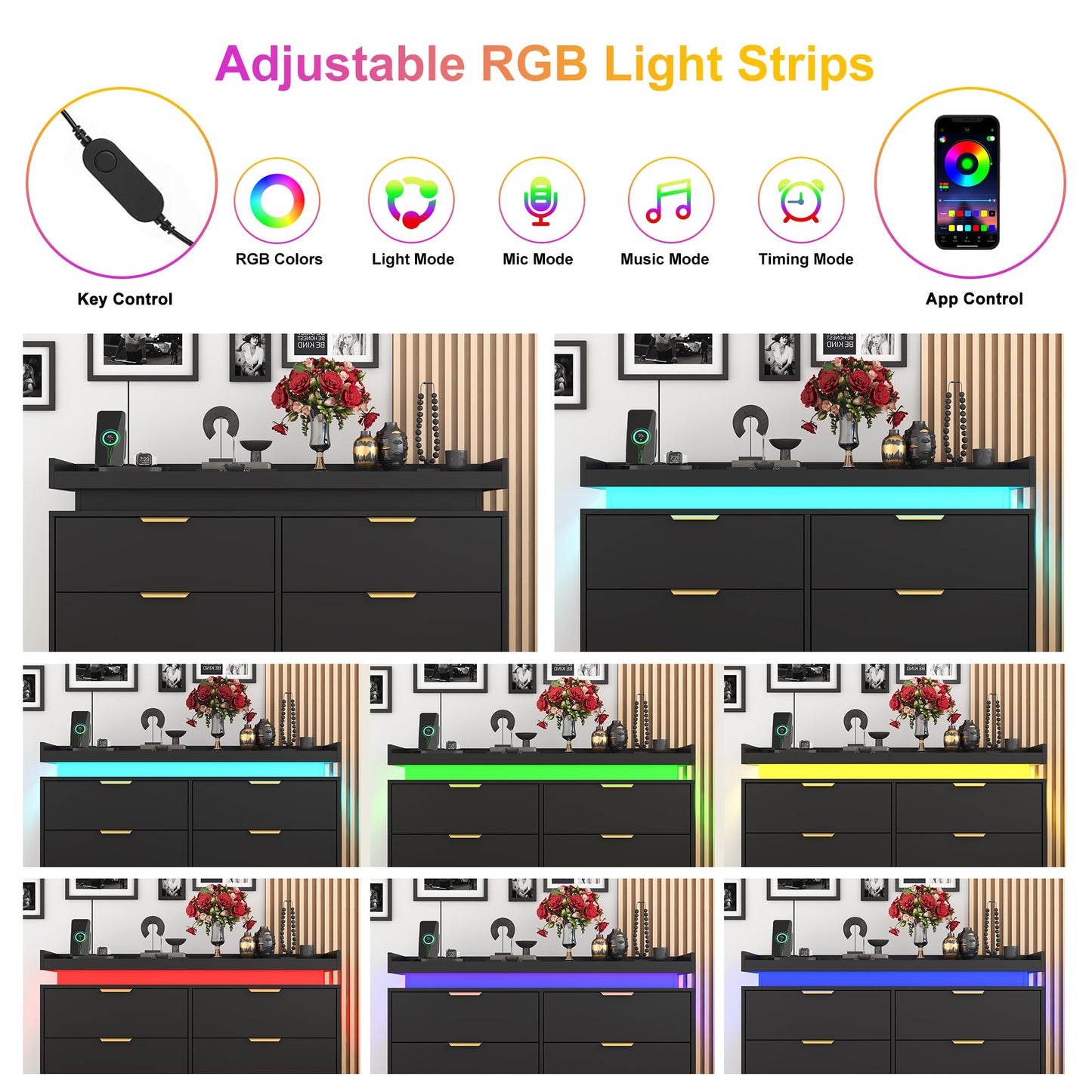 6 Drawer Dresser for Bedroom, Black Dresser with LED Lights and Power Outlet, Modern Chest of Drawers for Closet, Double Wide Drawer Organizer Cabinet for Bedroom, Living Room, Entryway, Hallway