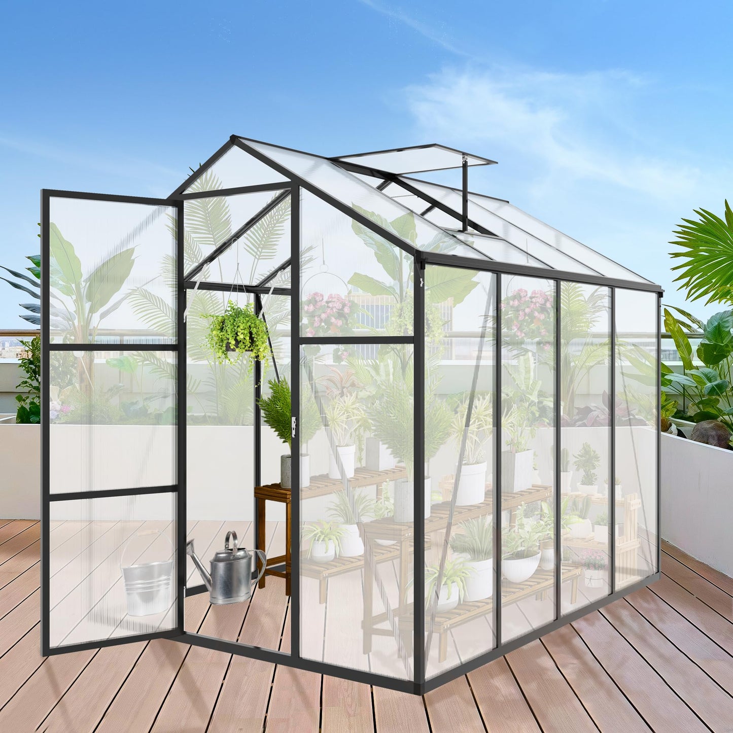 YOPTO 6x8 FT All Weather Greenhouses for Outdoor,Heavy Duty Polycarbonate Greenhouse, Walk-in Garden Green House with Raised Base and Ventilation Window for Outside, Backyard,Black