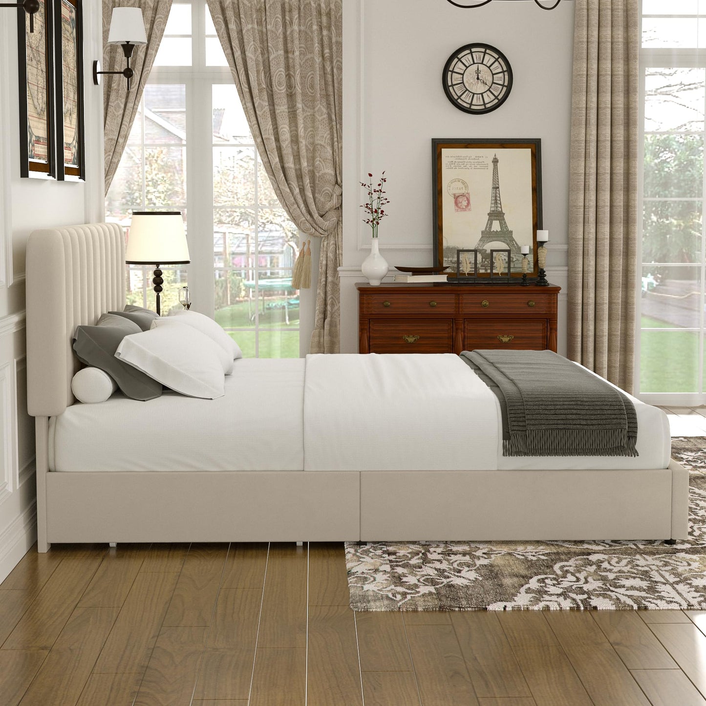 VECELO Full Size Upholstered Bed Frame with 4 Drawers and Headboard, Velvet Platform Storage Bedframe, Wooden Slats Support, No Box Spring Needed,Beige