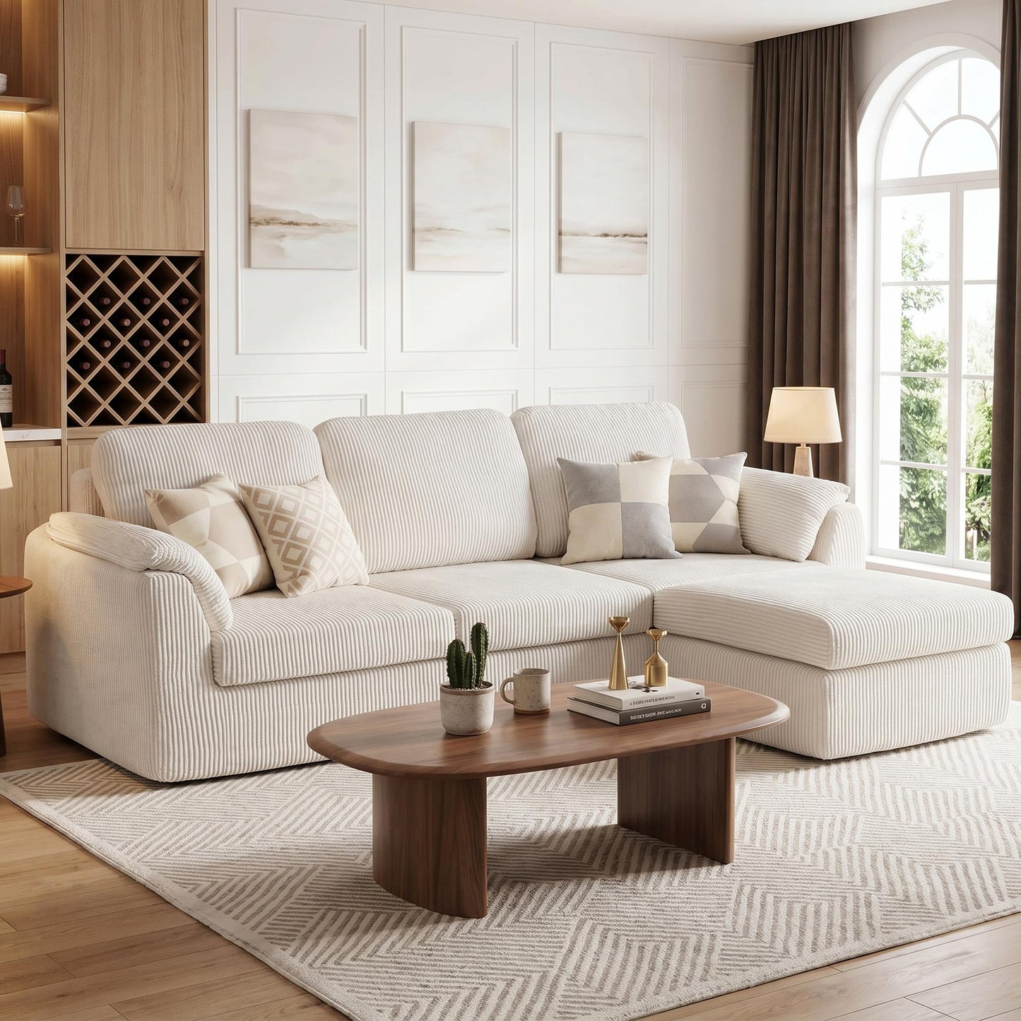 Vongrasig Boneless Convertible Sectional Sofa Couch, 3 Seat L Shaped Sofa with Removable Pillows Plush Corduroy Fabric Small Couches for Living Room, Apartment and Office, White
