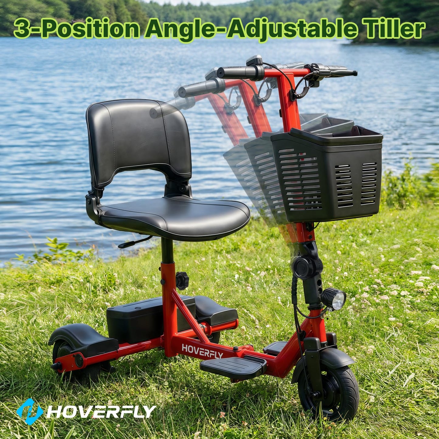 Hoverfly T3 Folding Powered Mobility Scooter for Seniors, Portable 3-Wheel E-Scooter with Seat, 13-Mile Range Safe LiFePO4 Battery, 264 lbs Load &Solid 8" Tires, Fits in Car Trunks for Daily Rides Red
