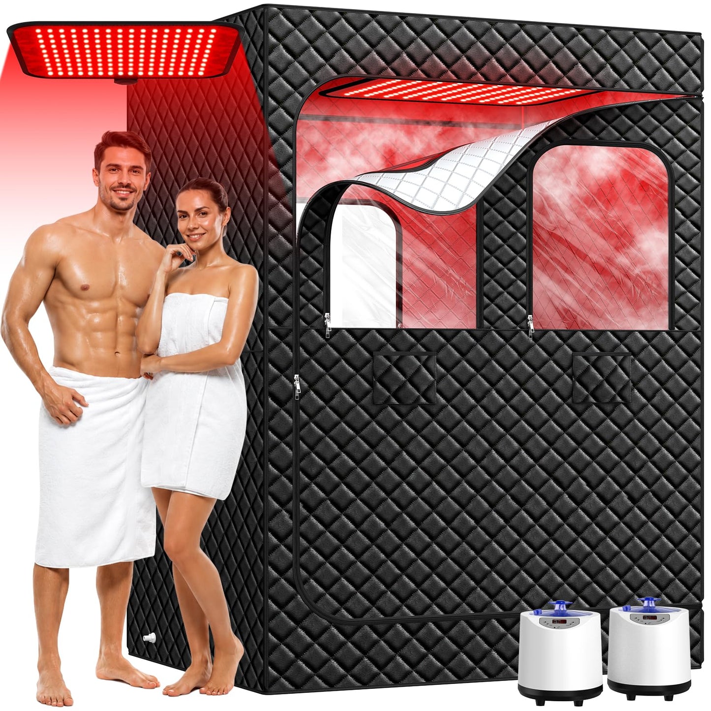I-THERA-U 2 Person Sauna Portable Infrared Sauna Box, Upgraded Home Sauna Tent with 160 LEDs Dual 660nm & 850nm Red Light, 2 Steamers, 5-Layer Waterproof, 99-Min Timer & Remote for Relaxation
