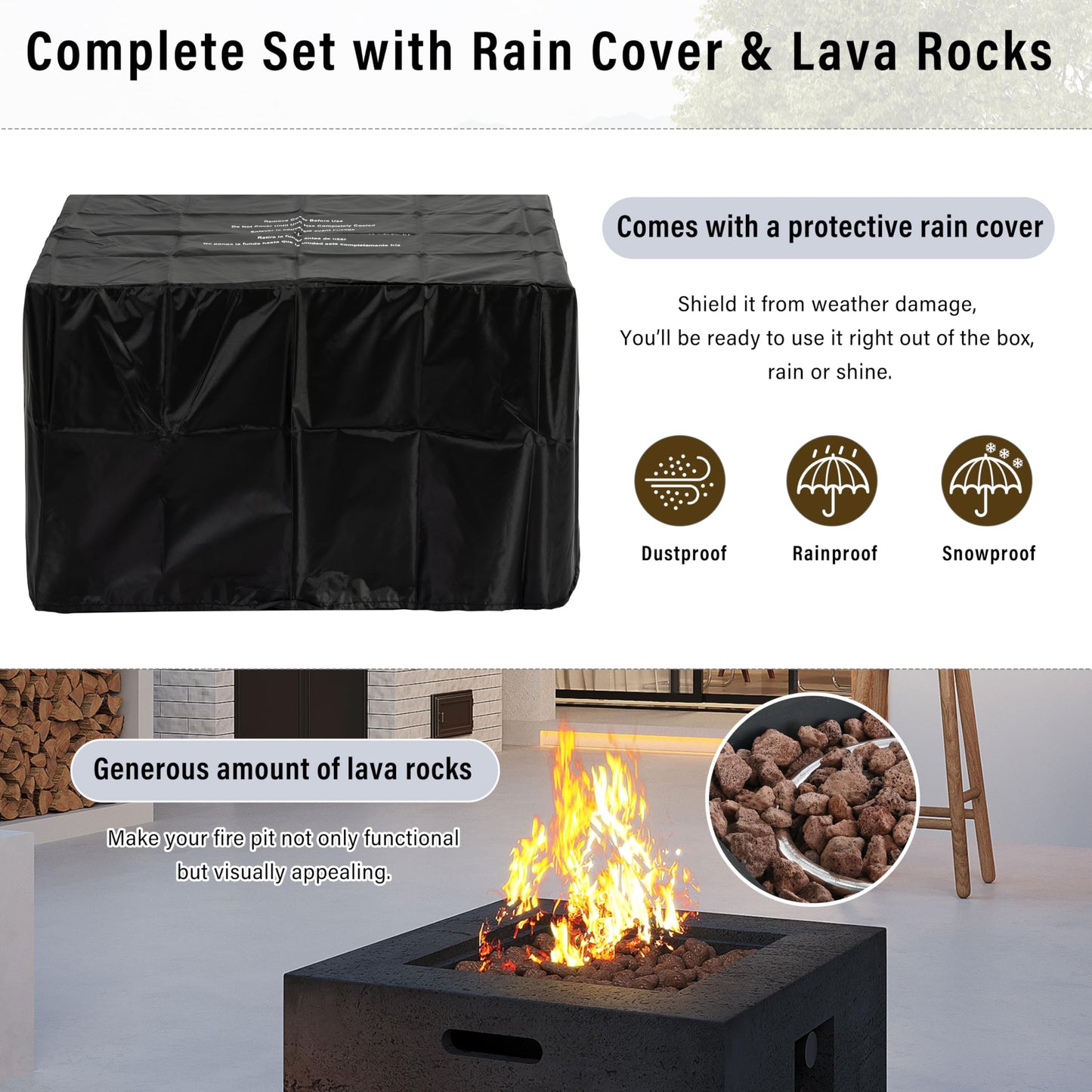 GDFStudio MgO Lightweight Square Propane Fire Pit Table, 40000 BTU Outdoor Propane Fire Pit with Steel Burner, Adjustable Flame Control, Lava Rocks & Rain Cover, Patio Backyard Deck Poolside, Black