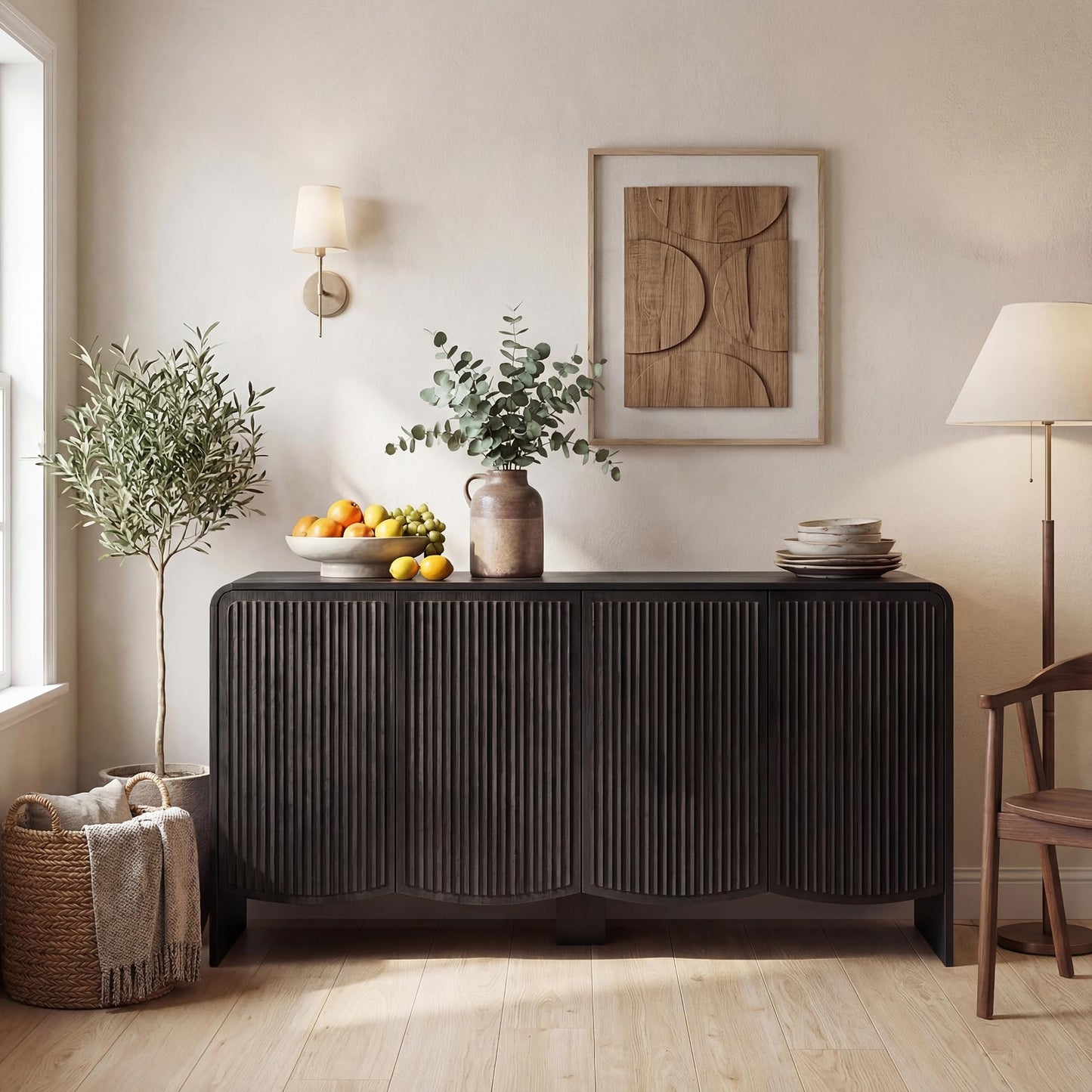 Seang Fluted Sideboard Buffet Cabinet with Storage,58" Modern Sideboard Cabinet with Curved Design & Adjustable Shelves,Wood Console Table for Living Room,Entryway,Kitchen,Black